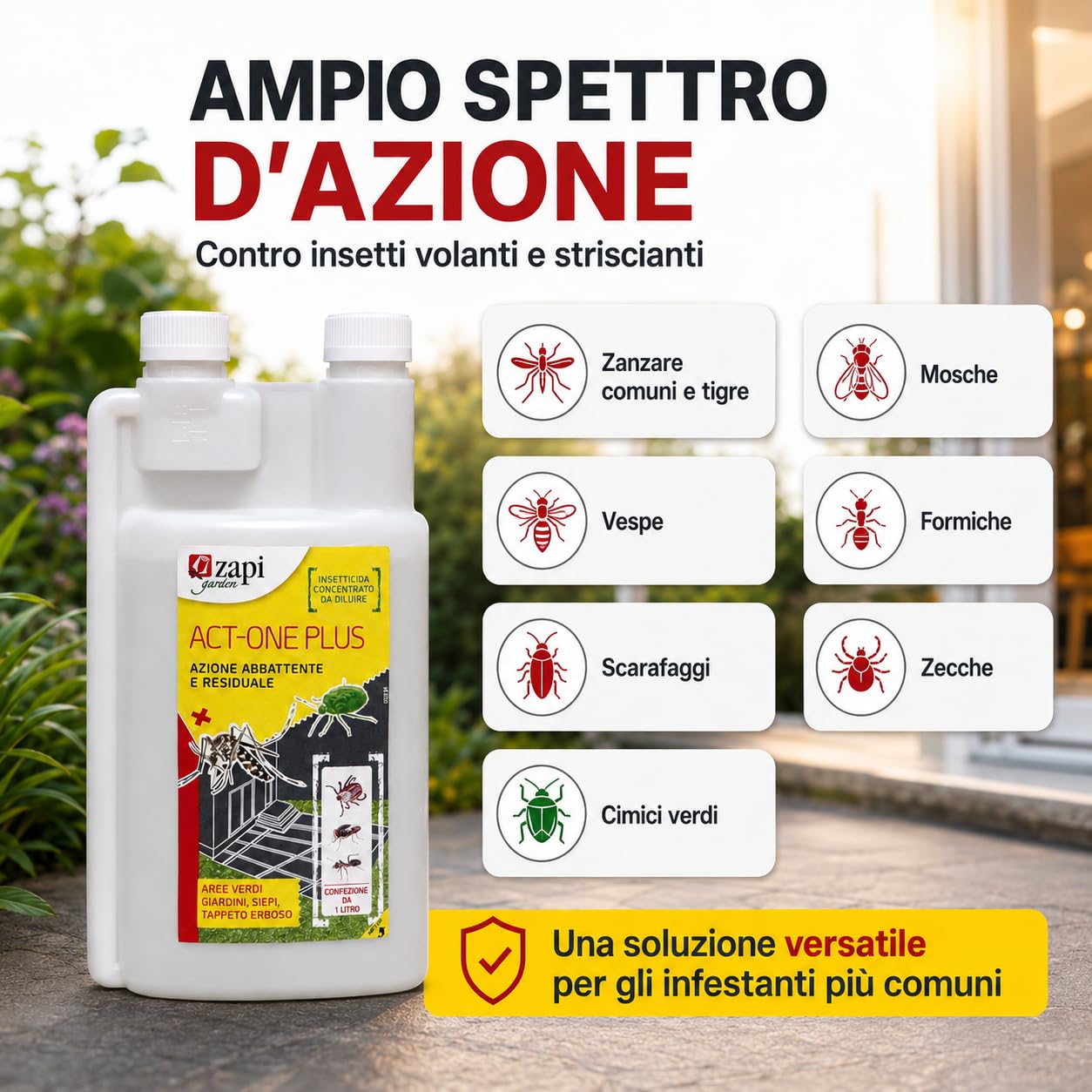 ACT-ONE PLUS Insetticida Concentrato 1 Litro - Zanzare e Insetti | Azione Abbattente e Residuale Fino a 2 Settimane - Per Aree Verdi e Ambienti Domestici - Anti Zanzare Tigre e Mosche