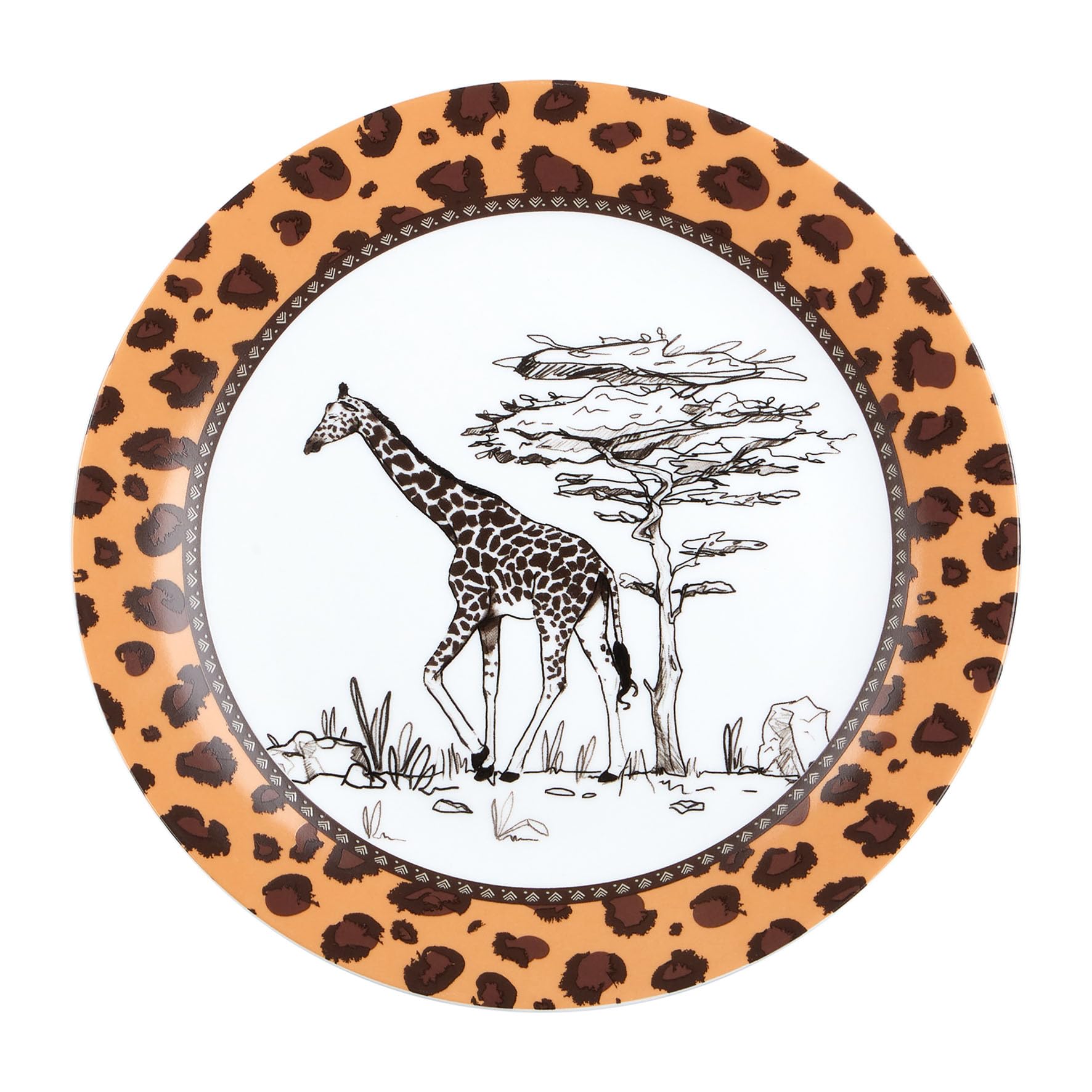 GENEVIEVE LETHU 544009 Dessert Plate Diameter 21 cm Porcelain - Tanganyika Collection - White/Brown/Giraffe Decor