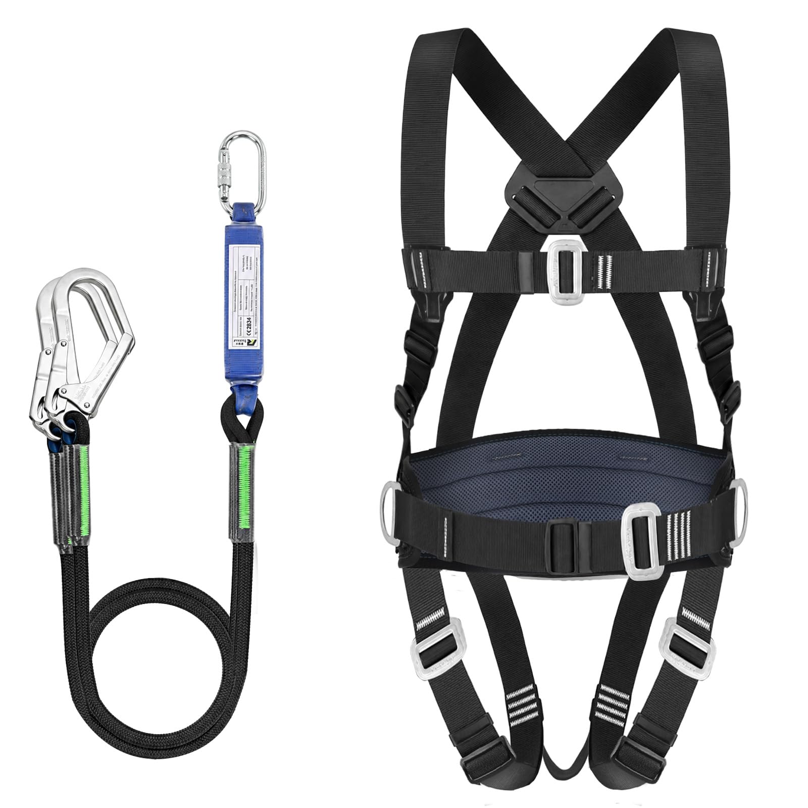 WingFly Ceinture SéCurité Anti-Chute, Kits Antichute De Sécurité 5 Points, Ergonomique Réglable Protection Antichute Baudrier Escalade,Max 150kg, avec 2 x Grandes Boucles et 2 x 1.8 m Longes