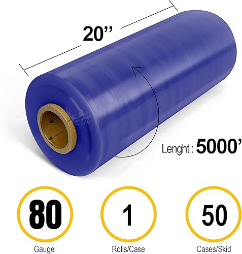 Miniatura 2 de 8NET - Envoltura elástica resistente de 20 pulgadas x 5000 pies, calibre 80, película retráctil de plástico azul, caja de 1 rollo