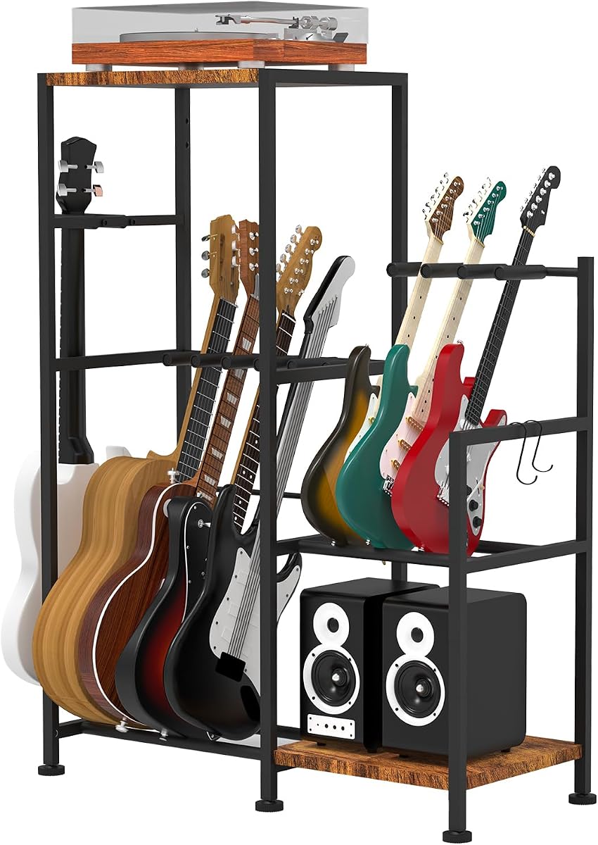 Guitar Stand for 5 Guitars and 3 ukuleles, Electric Guitar, Bass, Multiple Guitar Rack Holder for Guitars, Guitar Amp Accessories with 2 Wood Shelves for Amp Holder, for Home Music Studio