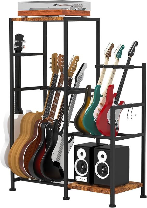 Guitar Stand for 5 Guitars and 3 ukuleles, Electric Guitar, Bass, Multiple Guitar Rack Holder for Guitars, Guitar Amp Accessories with 2 Wood Shelves for Amp Holder, for Home Music Studio