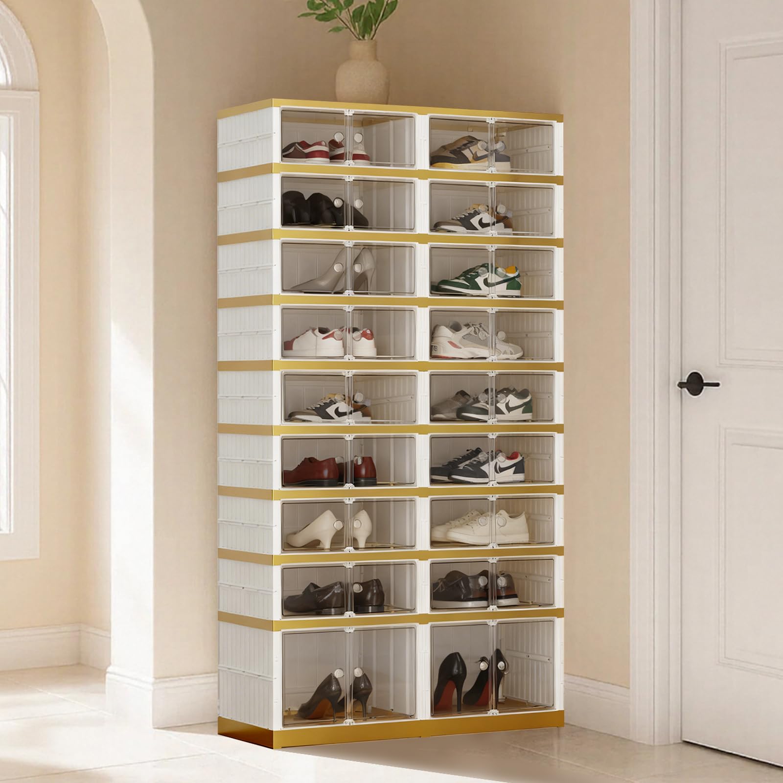 SYNCVIBE Foldable Shoe Organizer, 9 Tier, 36 Pairs, 34.2" Wide, White Gold