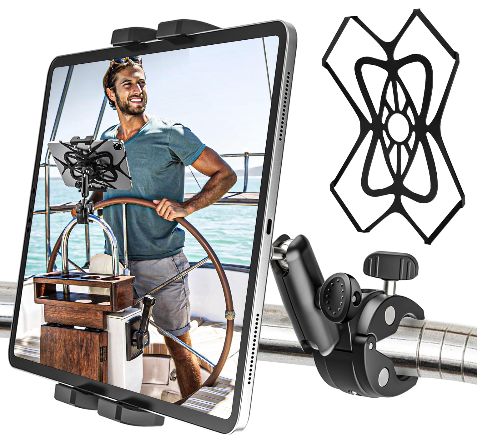 Supporto Tablet Barca Metallo Robusto, Supporto iPad Barca a Vela Yacht con Braccio in Alluminio, Palo Barra Tubo Manubrio Morsetto Bicicletta per Tablet e Telefono, 4-13" (Con Cinghia Anticaduta)