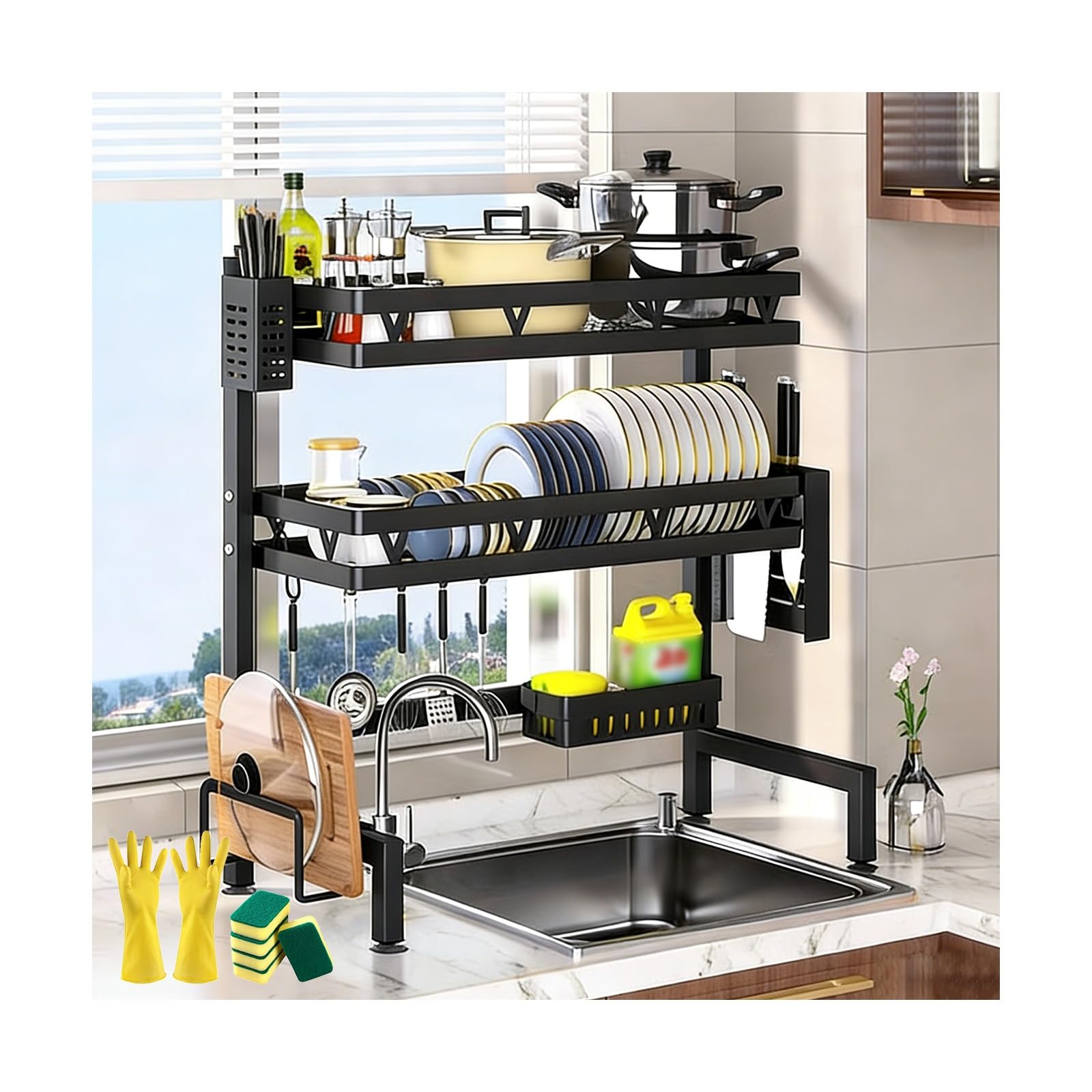 Dish Drying Rack Kitchen Sink Caddy Over The Sink Dish Drying Rack Made of Metal Space-Saving Design with