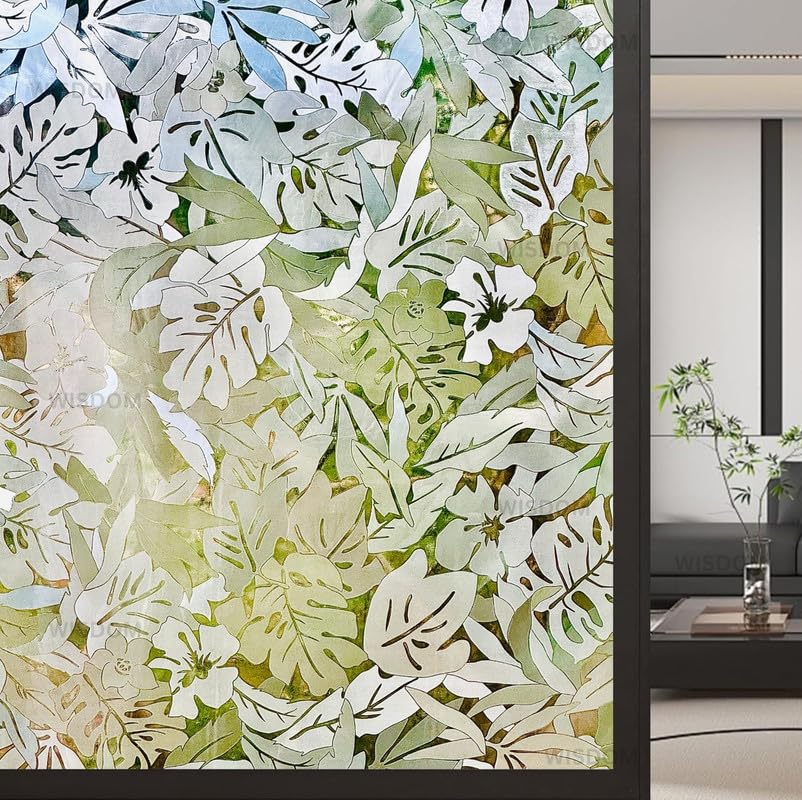 Image of WISDOM Premium Frosted Glass Window Film Self Adhesive Decorative Glass Window Privacy Sheet Film UV Control Removable Vinyl Privacy Film (Palm Leaves, 24x200 Inch)