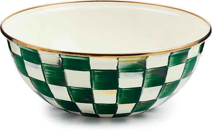 MACKENZIE-CHILDS Enamel Everyday Bowl, Serving Bowl for Entertaining, Medium, Green-and-White Emerald Check