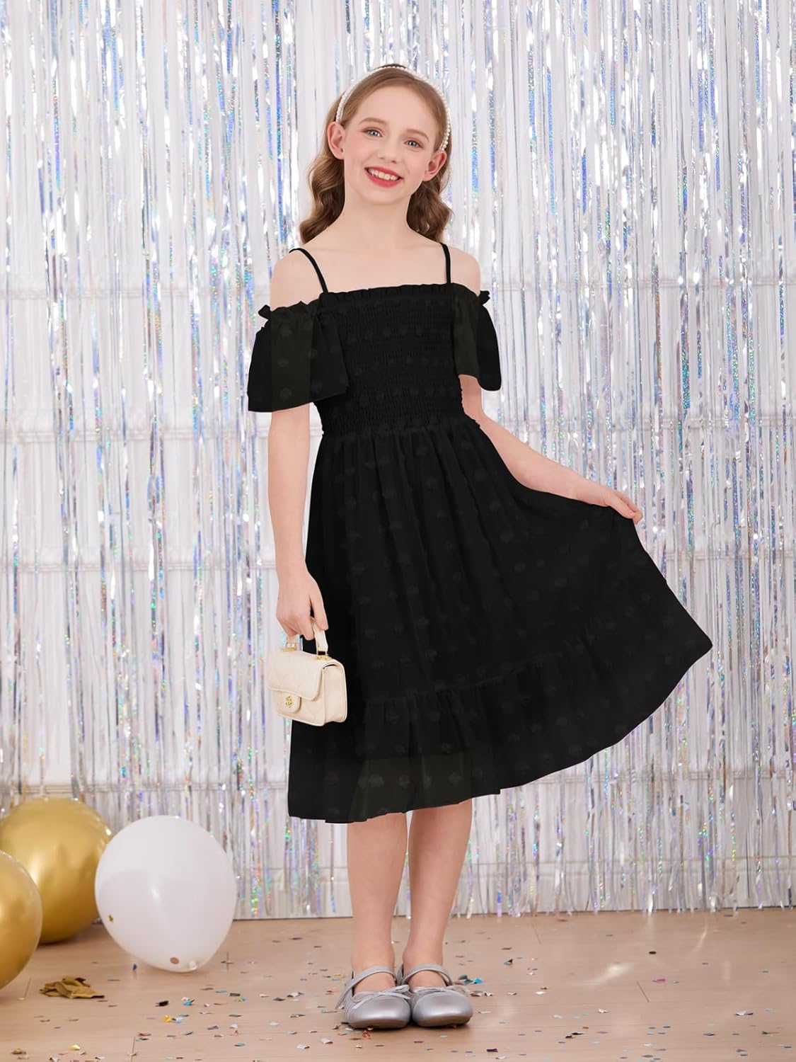 Girls Summer Dresses Kids Off Shoulder Flutter Sleeve Swiss Dot Formal Party Smocked Dress 5-14 Years - Image 2