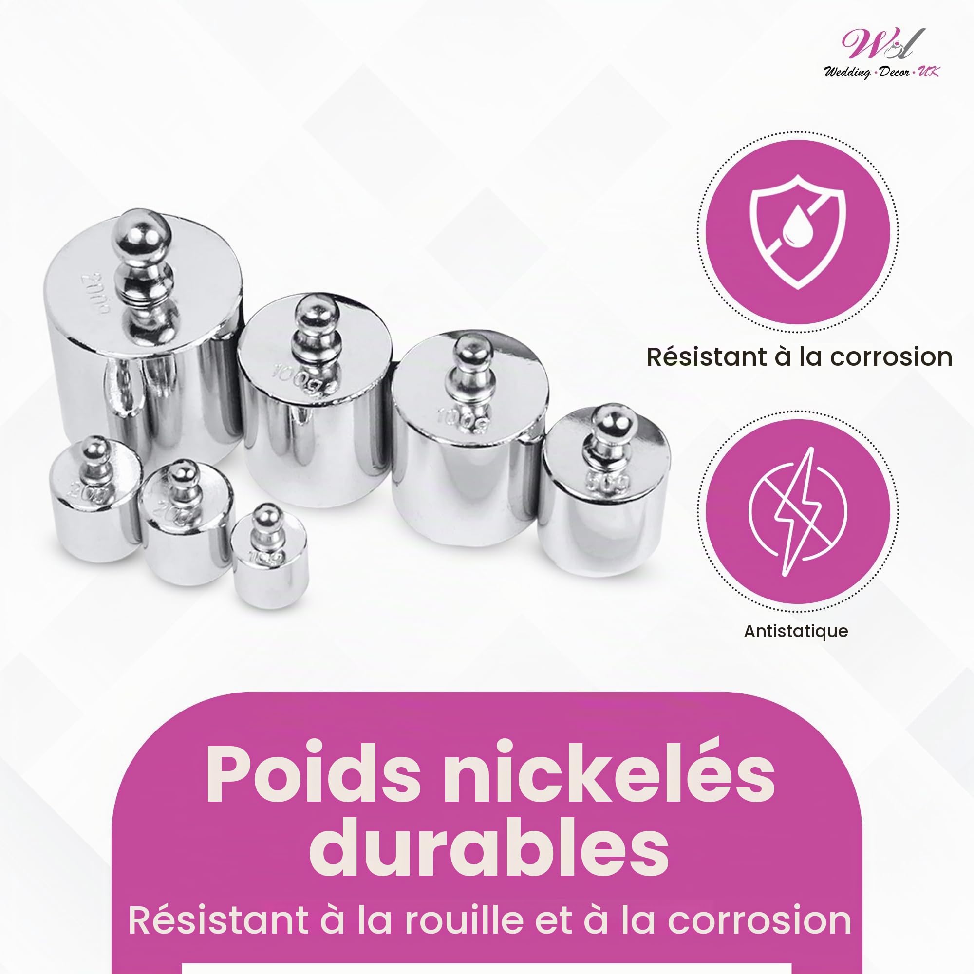 WedDecor 500g, Ensemble de 7 Poids de Calibration en Acier Inoxydable avec Pinces pour Balance Numérique, Balance de Poche, Bijoux, Cuisine et Laboratoire – Poids de Calibration Précis Chromé