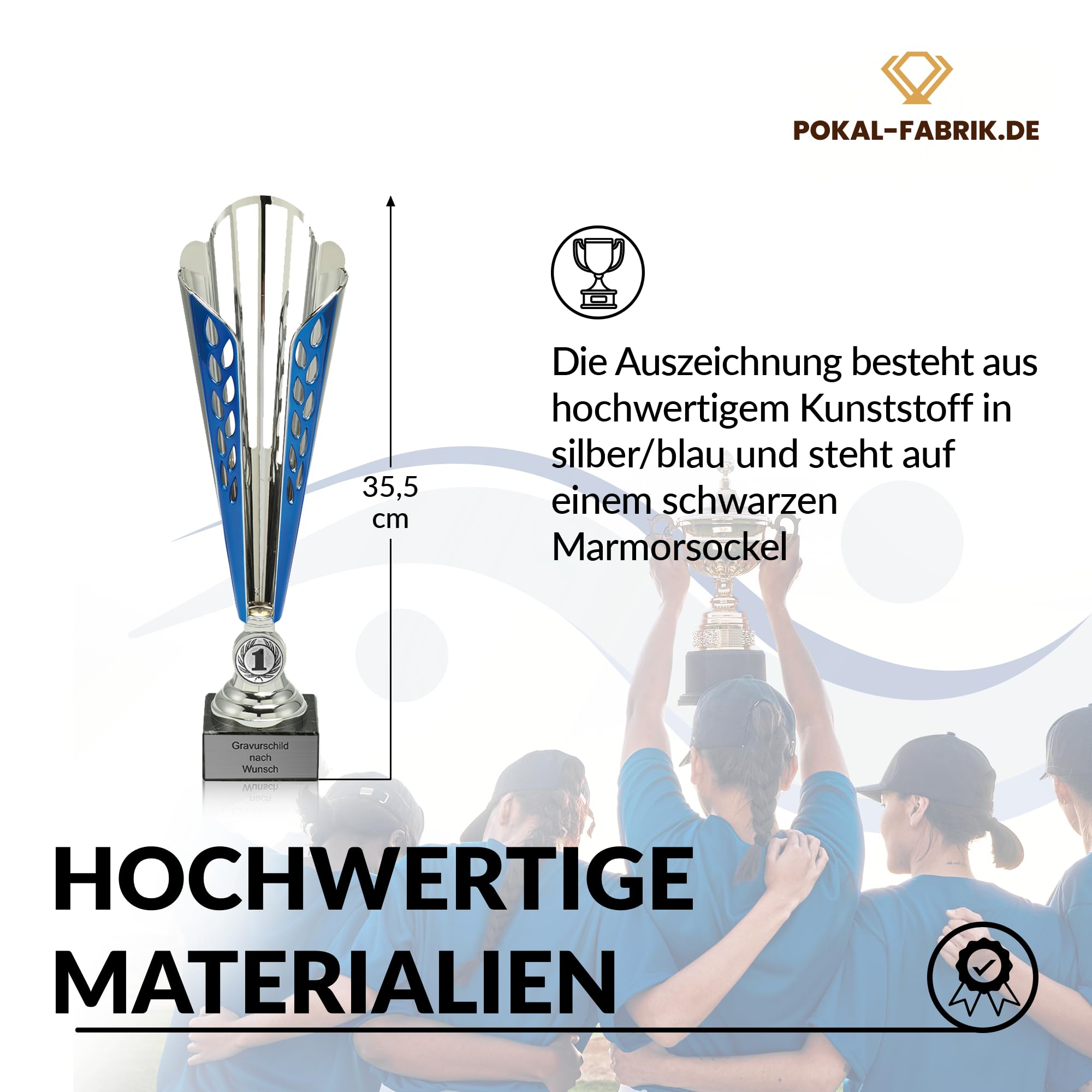 Pokal-Fabrik Pokal mit Gravur Wunschtext – Silber & Blau Trophäe mit Sportart Emblem nach Wahl – Personalisierte Auszeichnung für Fußball WM & Sport Events – 32/33,5/35,5 cm inkl. Marmorsockel