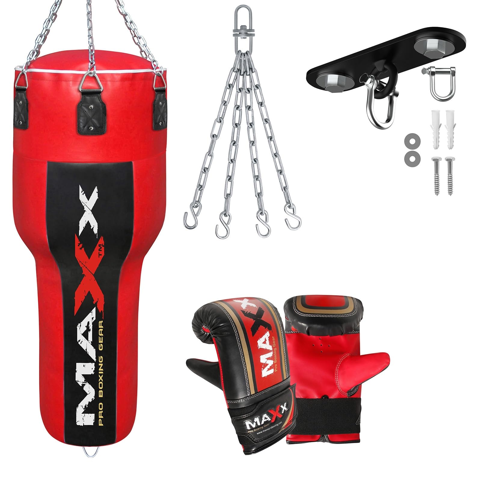 Maxx worek bokserski o przekroju 122 cm, torba do noszenia na ciele, kątowa torba bokserska, wybór koloru i opakowania gratis łańcuch (hak worka bokserskiego + rękawice, czerwono-czarny)
