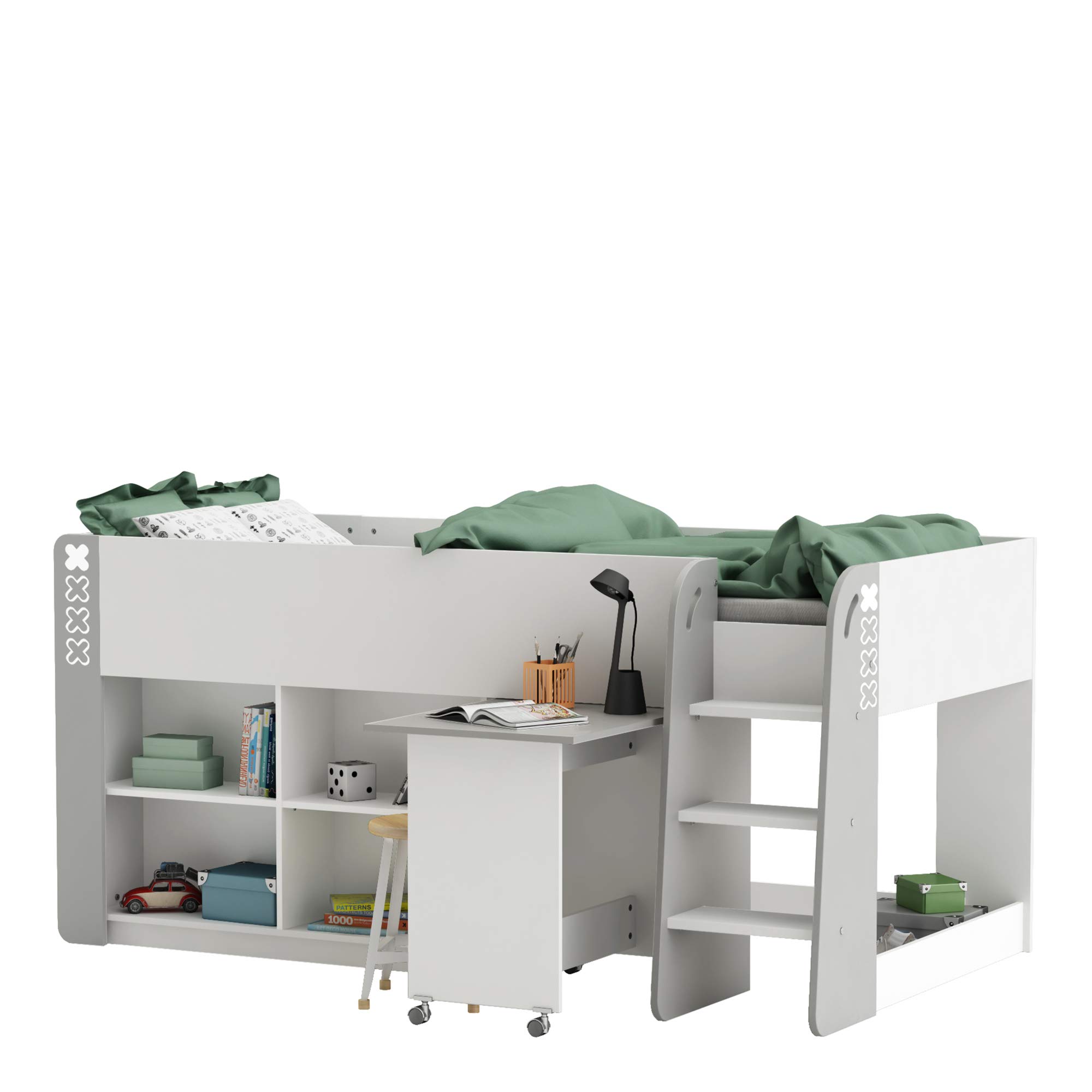 Habeig Letto A Soppalco Bianco 90x200 Cm Con Scrivania Su Rotelle, 2 Scale E 2 Cassetti - 3