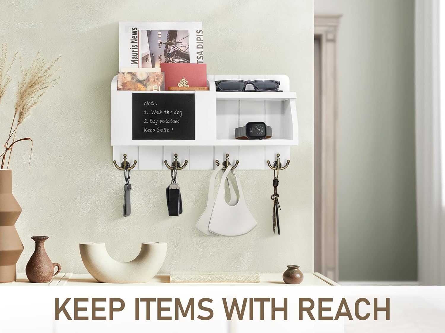 White Painted Wood Wall Organizer with Brass Key Hooks