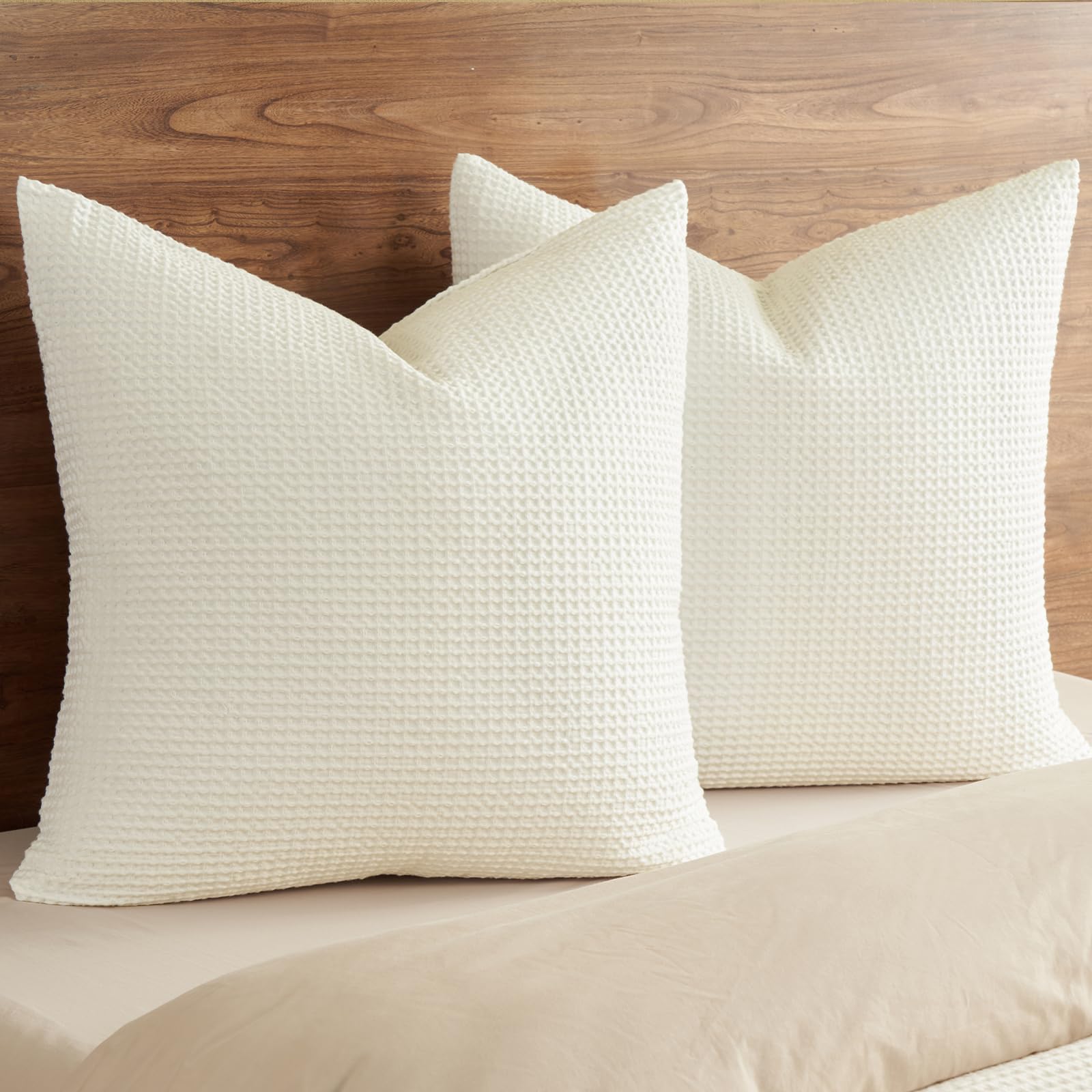 phf 100% cotton waffle weave euro shams 26"x26", no filling, 2 pack elegant home decorative euro throw pillow covers for bed couch sofa,cream