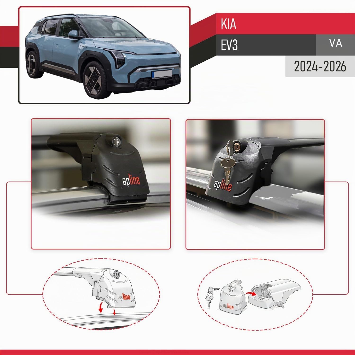 Compatible con Kia EV3 (SV) 2024-2026 Modelo Ace-2 Barra de Techo Auto Portaequipajes Barras Transversales Negro Aluminio 2 Barras