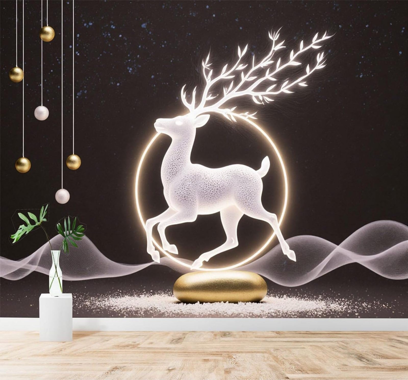 XLMING Minimalist Glowing White Deer Golden Circle Hills Starry Sky 3D Wallpaper Silky Texture Home Study Office Grey Dining Room Sofa Bedroom Living Room TV Backdrop-200cm×140cm