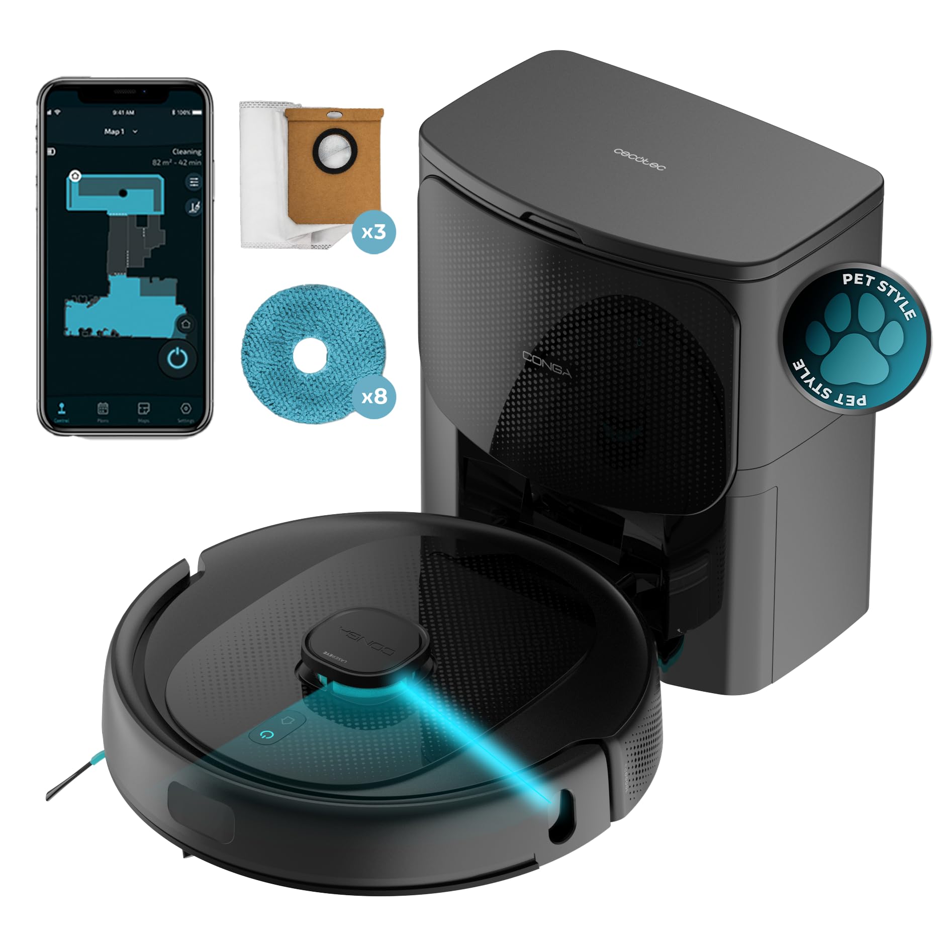 Cecotec Conga 9590 Spin Revolution Ultra Power Home Robot Vacuum Cleaner and Floor Scrubber with Self-Empty Base, 10000Pa, Laser Navigation, 240mins Autonomy, Mops, Silicone Brush and Pets, App