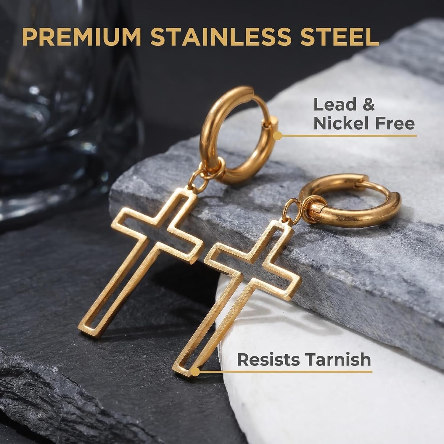 Gold Cross Earrings for Men - Stainless Steel Gold Plated | Hypoallergenic Dangle Cross Earrings Jewelry | Daily Wear & Birthday Gifts