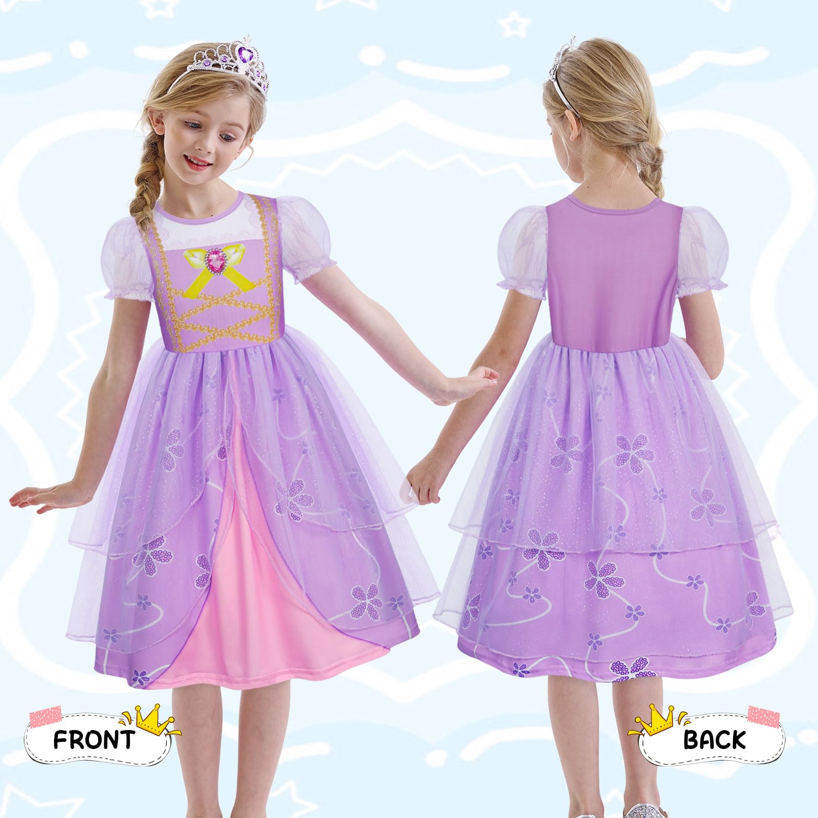 Jurebecia Princess Costumes for Girls Puff Sleeve Fancy Dress Kids Purple Princess Dressing up Halloween Cosplay Dress Outfit 7-8 Years - Image 4