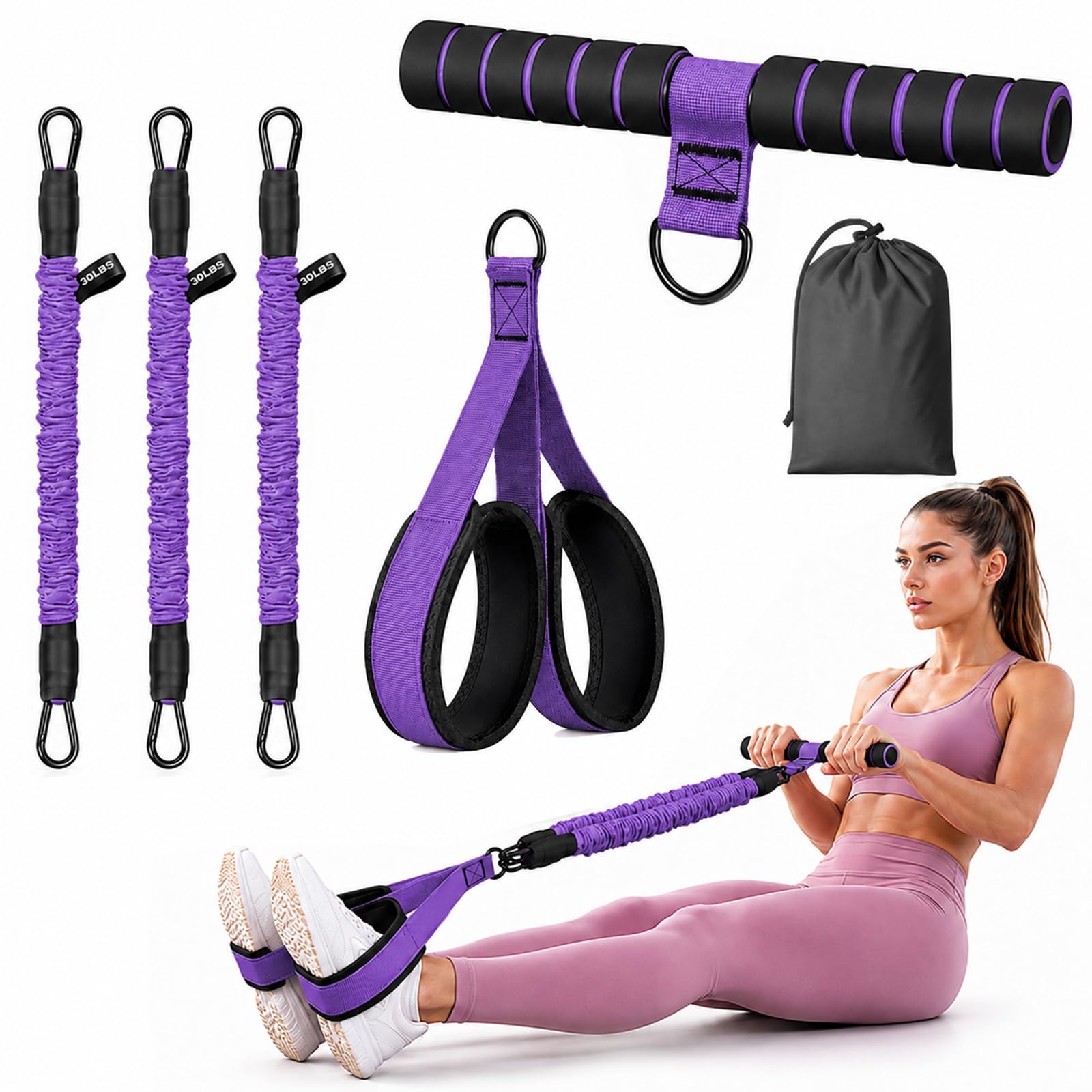 KASURE Banda de resistencia de pedal mejorada con asa, 3 tubos de resistencia ajustables de 30 libras para abdomen, extractor de pedal multifunción para entrenamiento de fuerza, terapia, equipo de