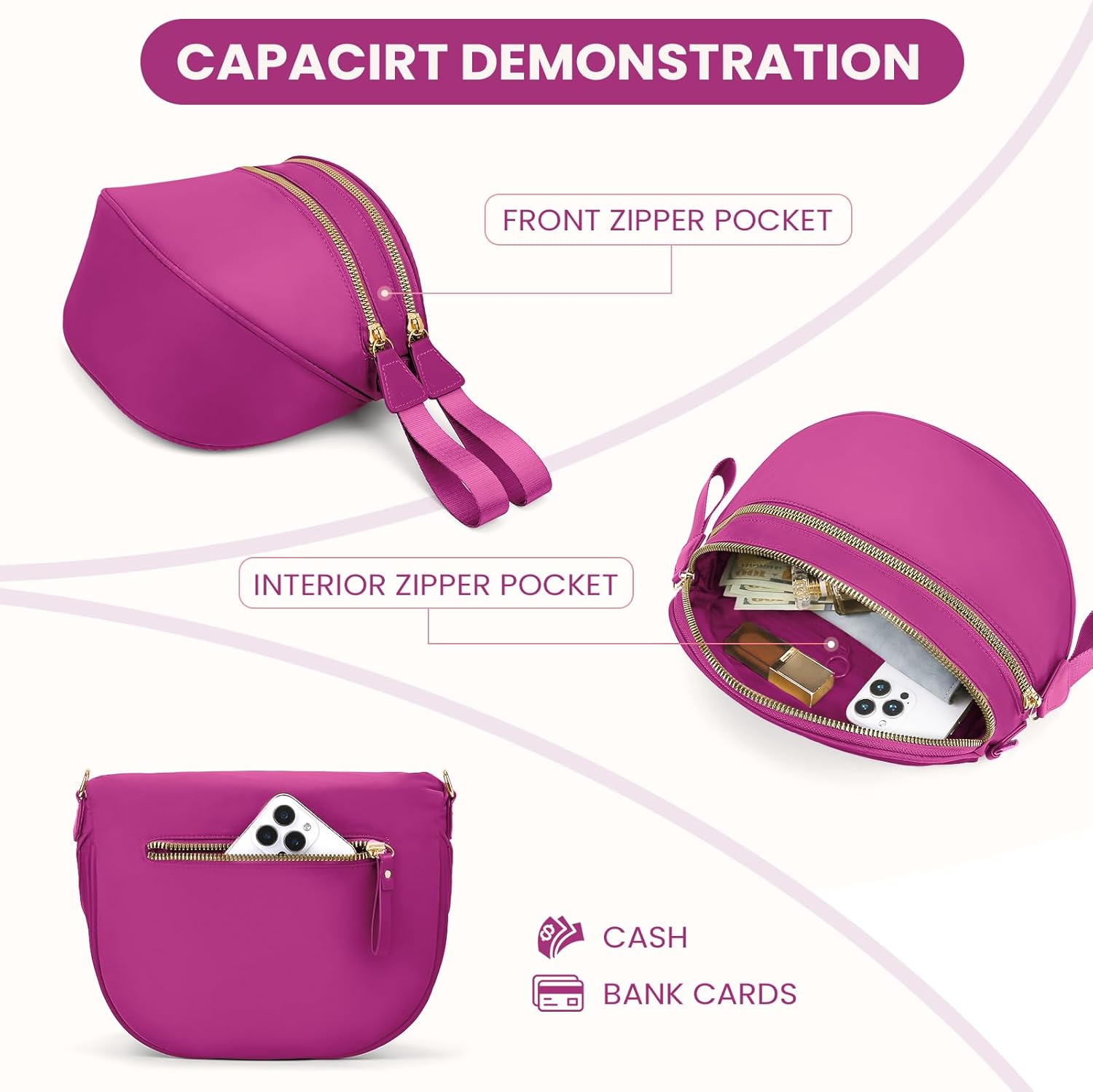 Bum Bags for Women Nylon Crossbody Bag Solid Spacious Cresent Sling Belt Half Moon Purse with Adjustable Strap Trendy Satchel - Image 4