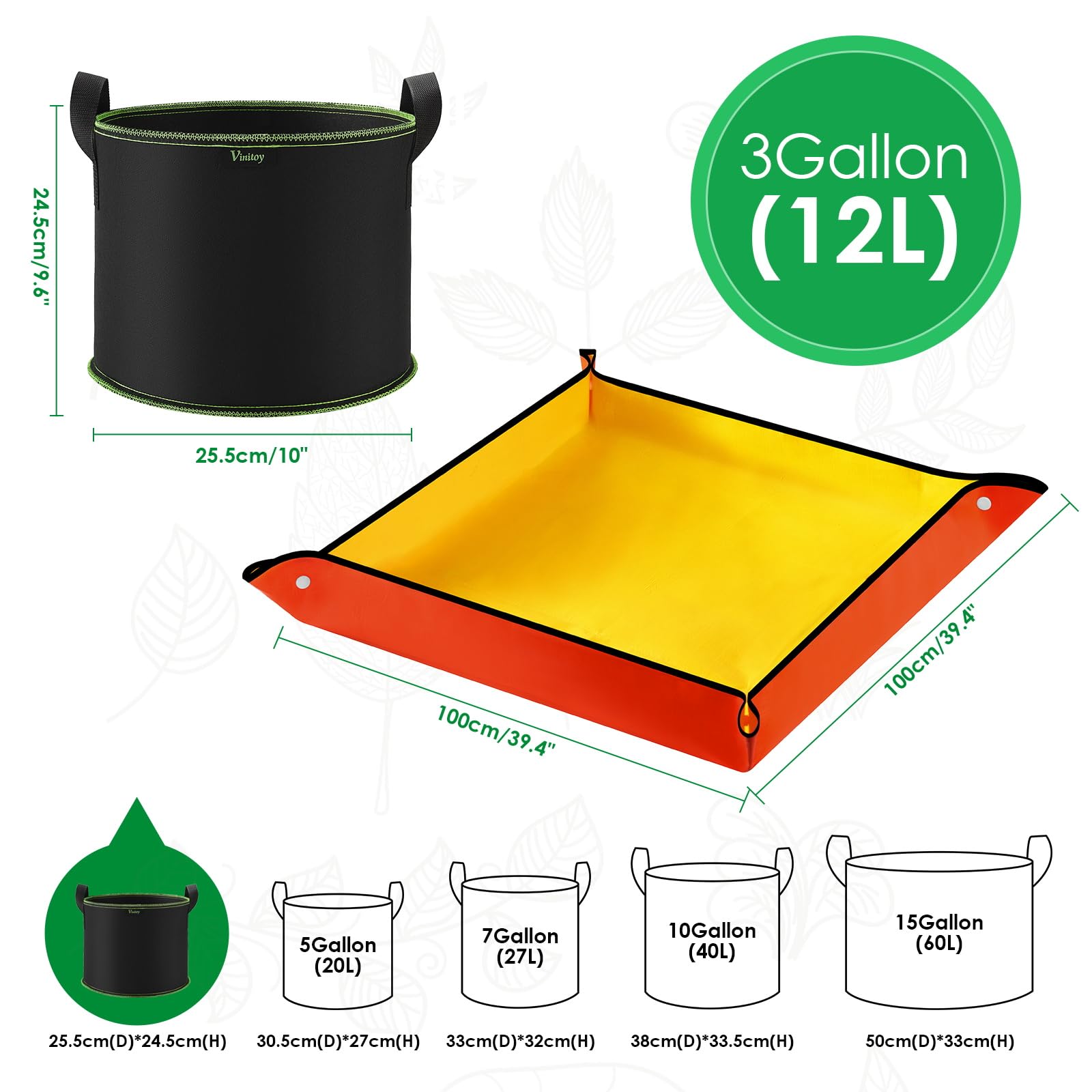 Vinitoy 3 Gallon Fabric Pots, 5 Pack 12L Grow Bags with Extended Handles - Image 2