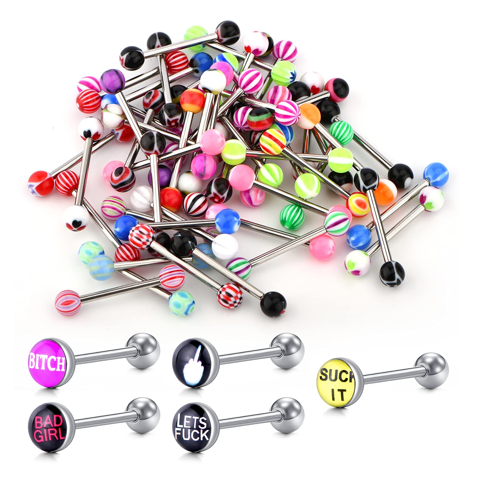 D.BellaLote de 16 piercings de lengua de acero inoxidable, 14 g, colores aleatorios, 16 mm, lengua, anillos, bar, piercing para mujeres, hombres