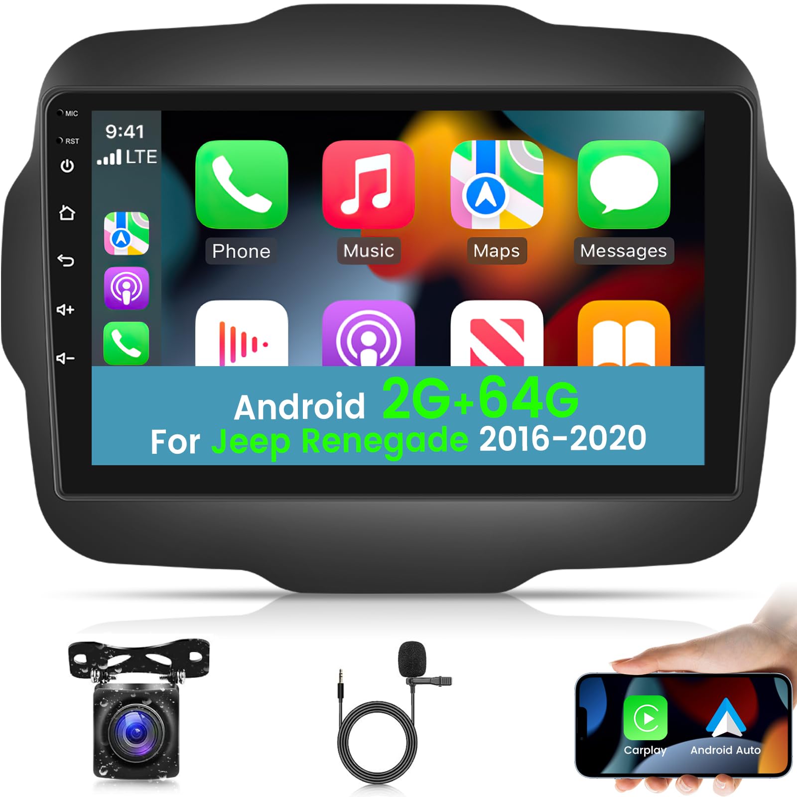 2+64G Car Radio for Jeep Renegade 2016-2020 with Apple Carplay and Android Auto - 9 Inch Touchscreen Android Car Stereo - GPS WiFi Multiple UI FM RDS Mirror Link SWC + AHD Backup Camera