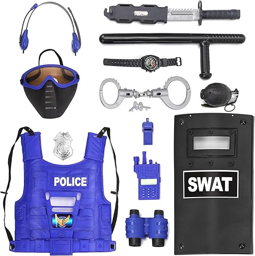 Set de policía para niños, con máscara, chaleco, escudo, placa, esposas, granada, macana y cuchillo