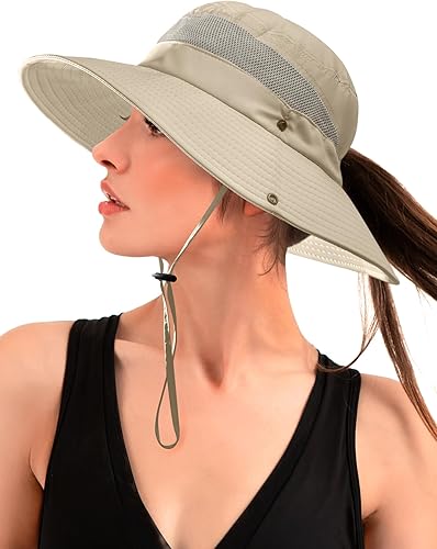 Miniatura 1 de Sombrero de sol con agujero para cola de caballo para mujer, protección UV UPF 50+, ala ancha, safari, hking, impermeable, plegable, sombrero de