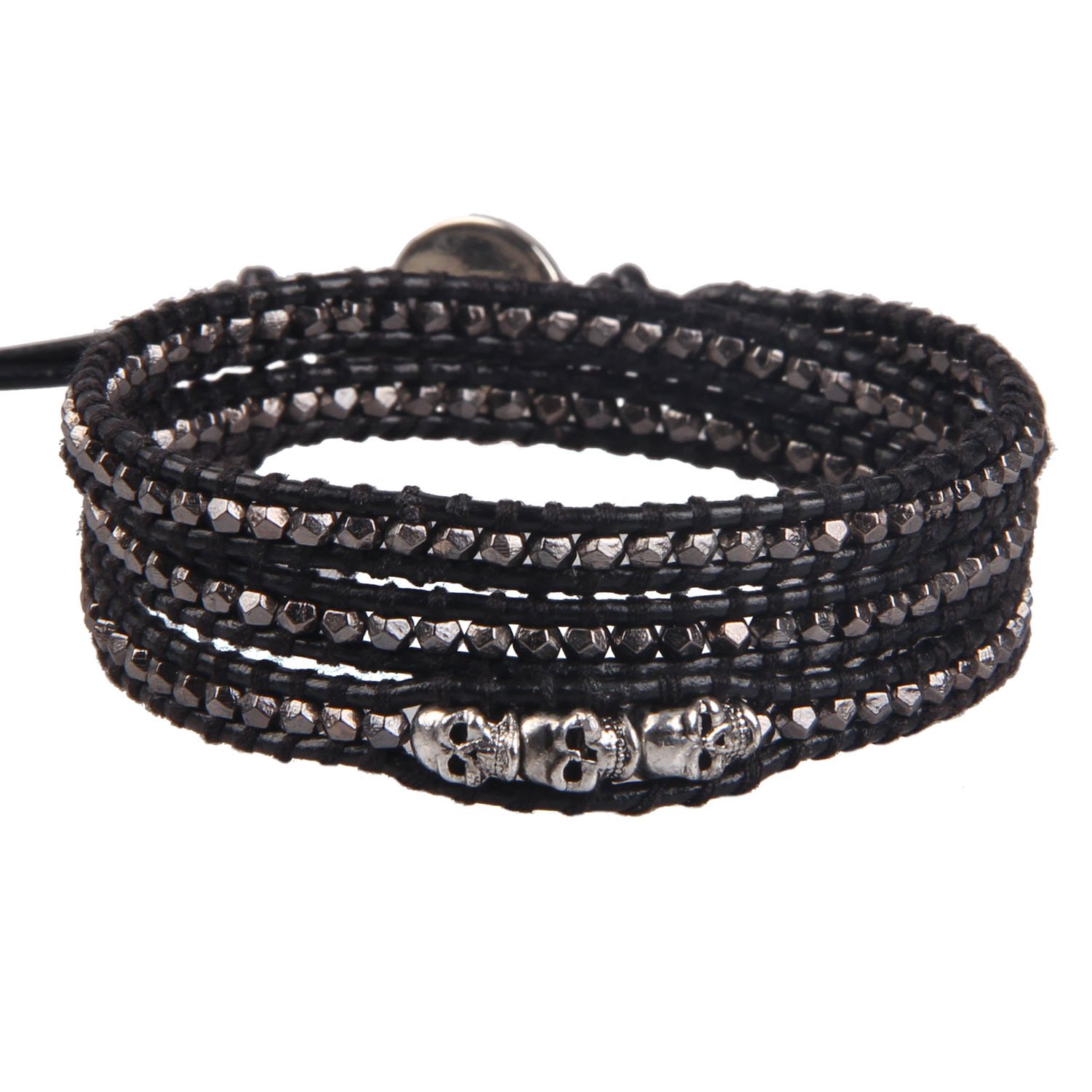 KELITCH Skull 3 Wrap Leather Bracelet Punk Beaded Bracelets Stackable Gothic Bangle Bracelets