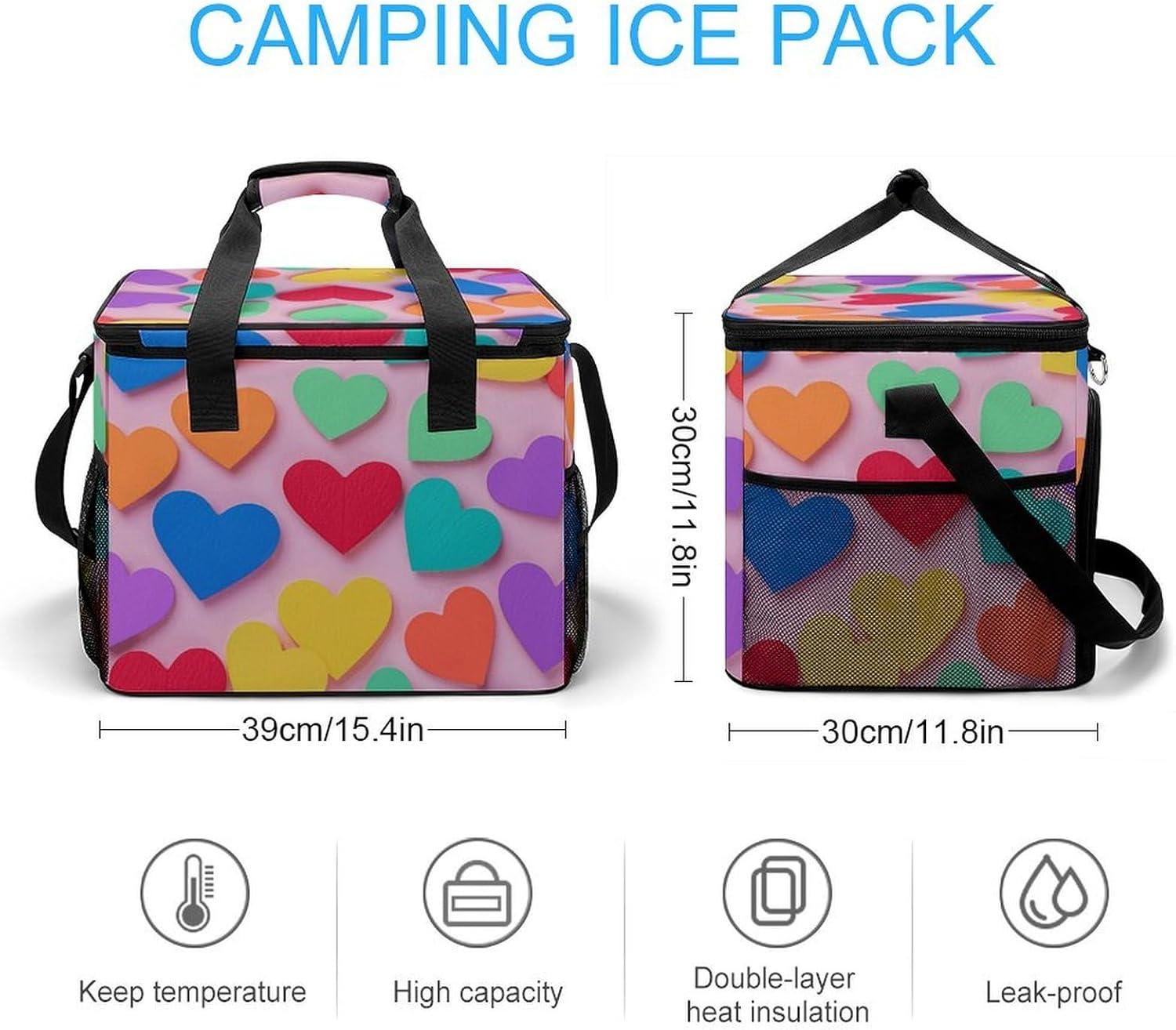 Insulated Picnic Backpack Tote Bag, Large Capacity 30L Colored Love Hearts Cooler Bag Leakproof Beach Bags Portable Lunch Box Waterproof Picnic Basket for Beach Camping BBQ