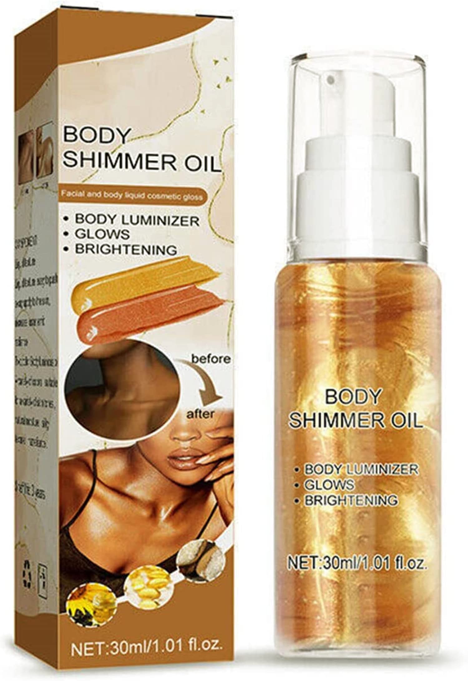 Shimmer Body Oil, Moisturizing Light Shimmer Glow Illuminator, Glow Glitter Bright Lotion Face Liquid Highlighter Illuminator, Summer Body Illuminator, Light & Non-sticky,30ml (Gold)