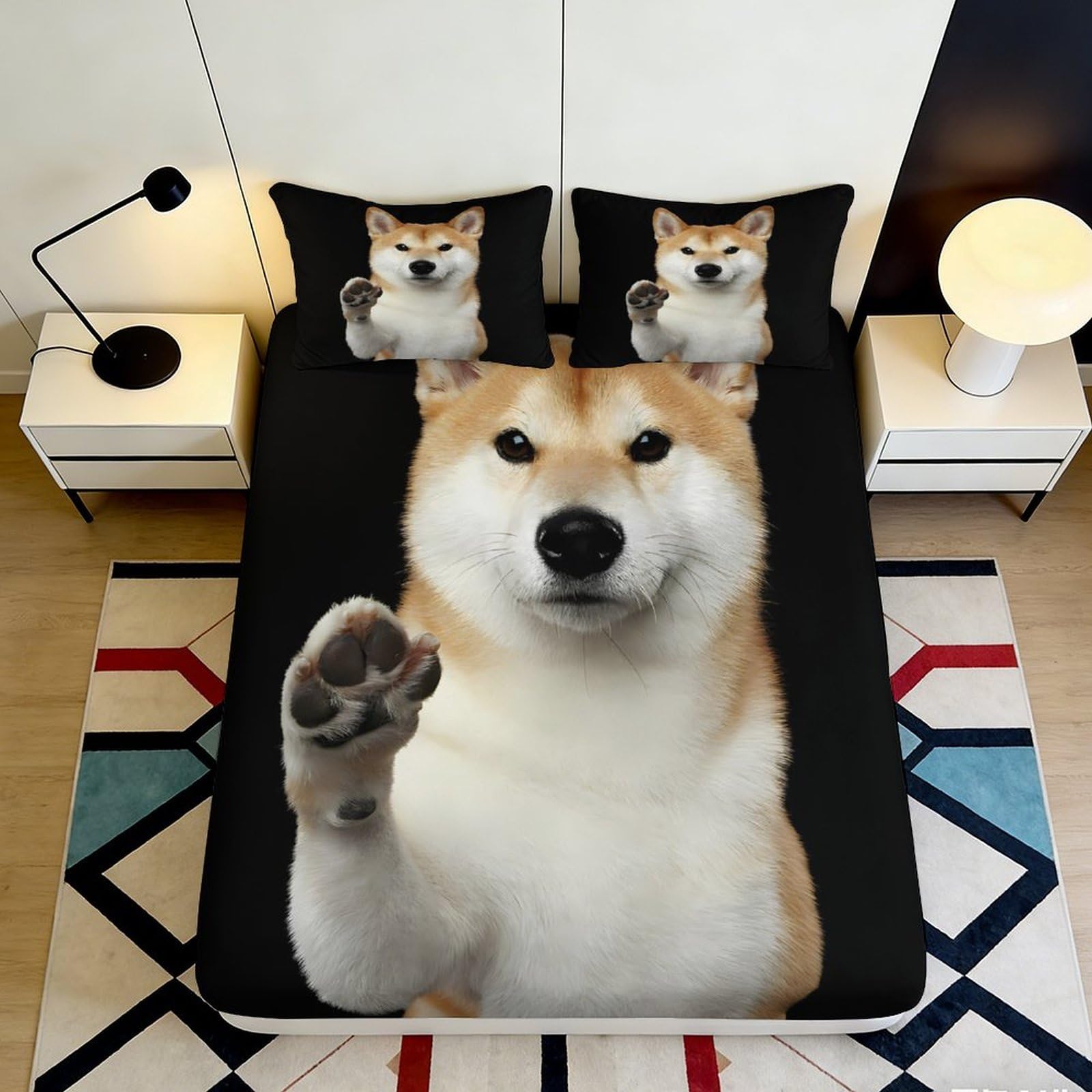 Jqzkxnhpbr Style-8 3D Printed Shiba Inu Dog Fitted Sheet Microfiber Soft Black Animal Paw Bed Cover For Bedroom Guest Room Decor 90X200x25cm