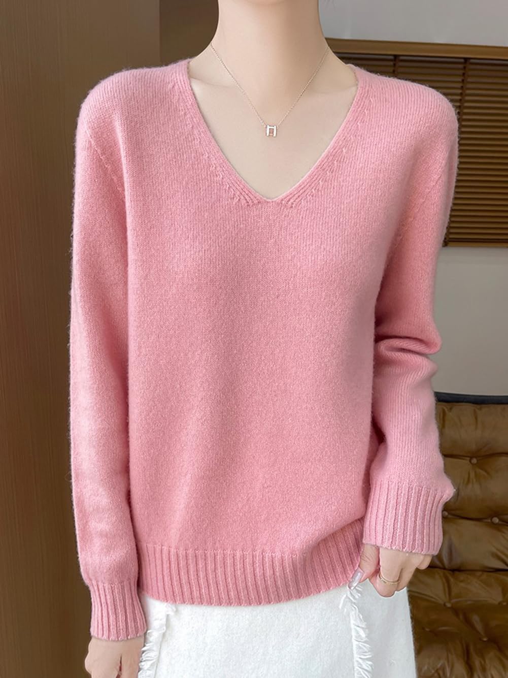 100% Merino Wool Sweaters for Women's Fall Winter Knitted Thick V-Neck Pullover Long Sleeves Loose Solid Warm(WQ702) - Image 2