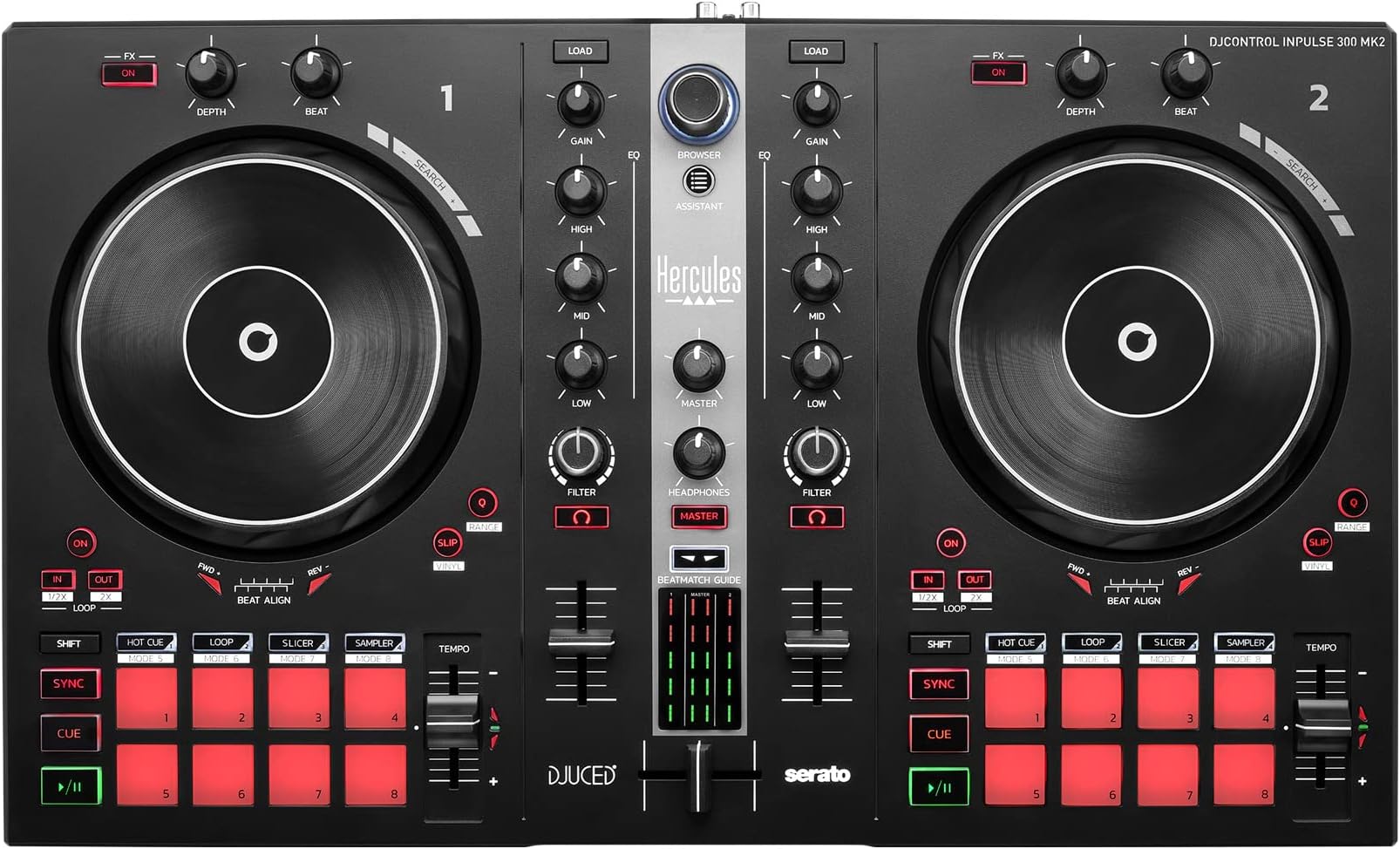 Hercules DJControl Inpulse 300 MK2 USB DJ Controller – Beginner DJ Set, 2-Deck Mixer with Built-In Sound Card, 16 Pads, Serato DJ Lite & DJUCED Software Included