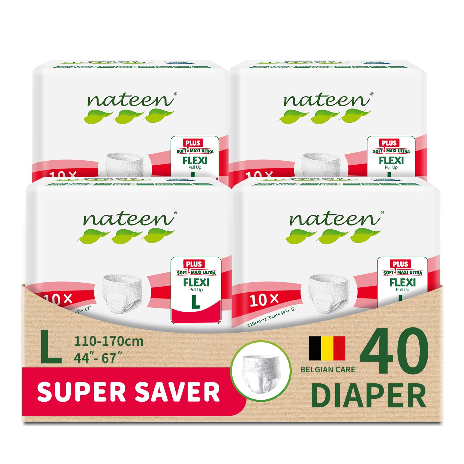Nateen Flexi Plus Adult Diapers Pants,Incontinence Pull Up,Large,Waist Size 110-170cm,40 Count,Superior Comfort,Excellent Combination of Protection.