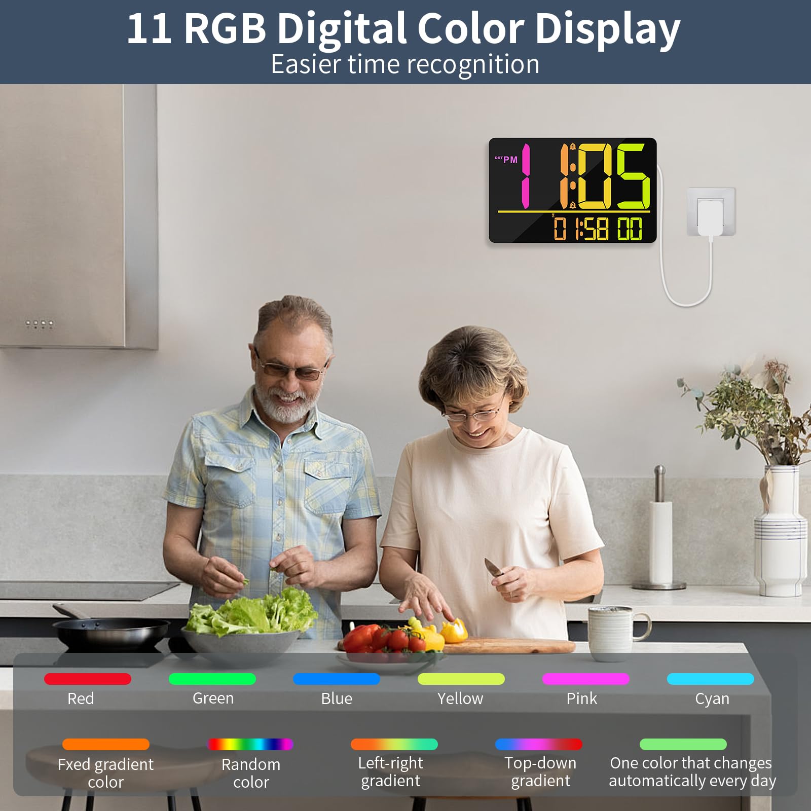 PERSUPER Reloj de pared digital grande de 13 pulgadas con control remoto, cambio de color RGB, 25 tonos de llamada, 0-100% brillo automático/personalizado, temperatura, calendario, 12/24 horas, DST,