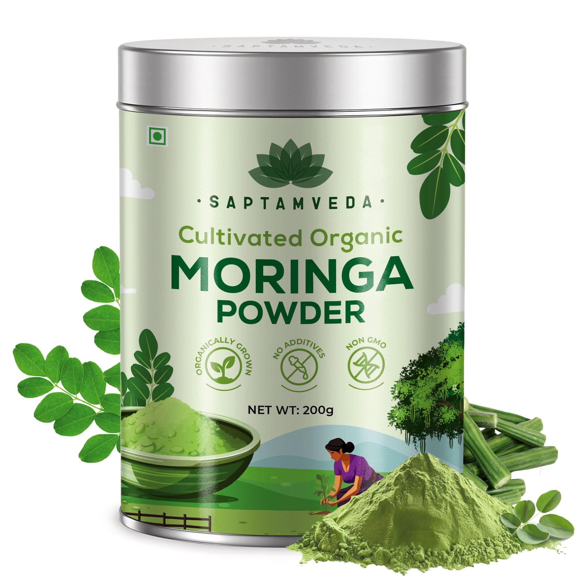 Saptamveda Organic Cultivated Elite Moringa Drumstick Powder 200g Tin | Superfood for Immunity, Skin & Hair Care | Herbal Supplement