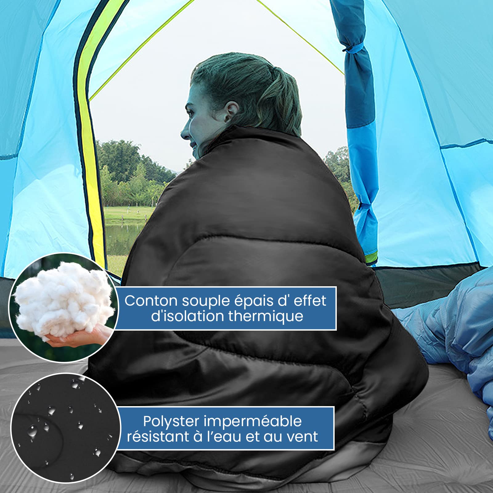 RELAX4LIFE Double Sac de Couchage avec 2 Oreillers et Sac de Transport, Détachable avec Fermetures Éclairspour 2 Personnes, Tapis de Sol Imperméable Convient pour Camping, Randonnée, Voyage