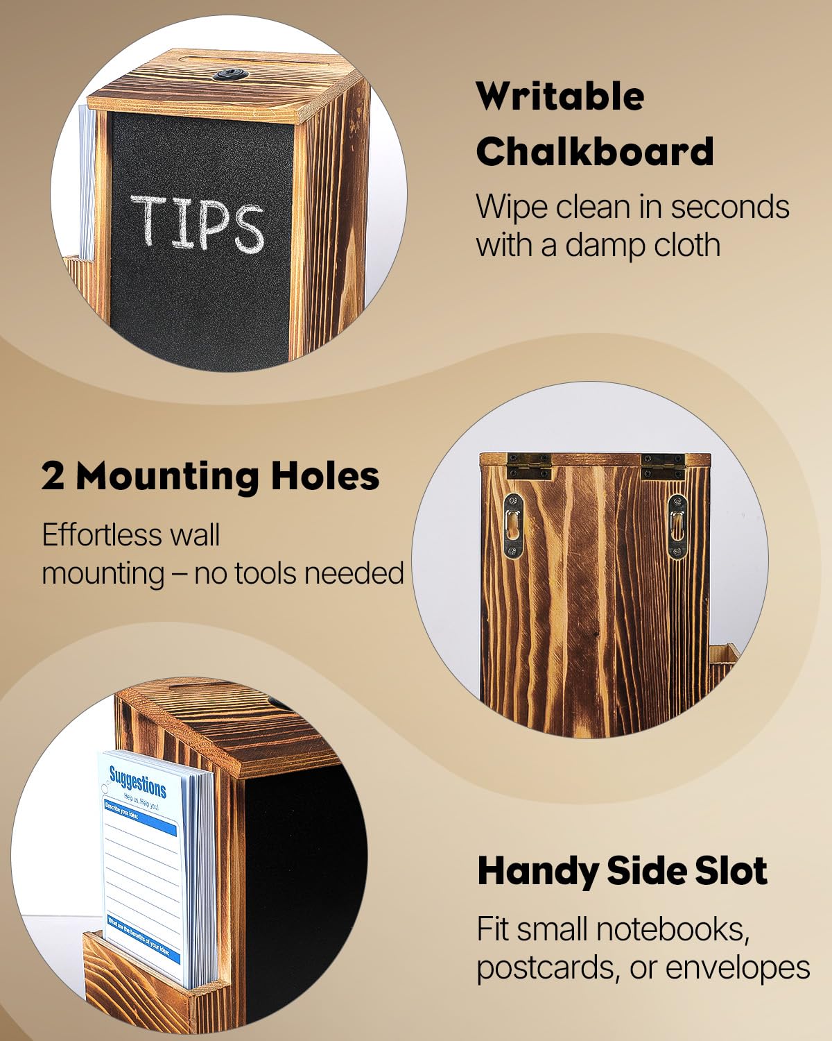 Uniclife Caja de sugerencias Wood, cajas de donativos de madera para recaudar fondos, caja de oraciones con pizarra y 50 tarjetas de sugerencias, urna para votos para bodas