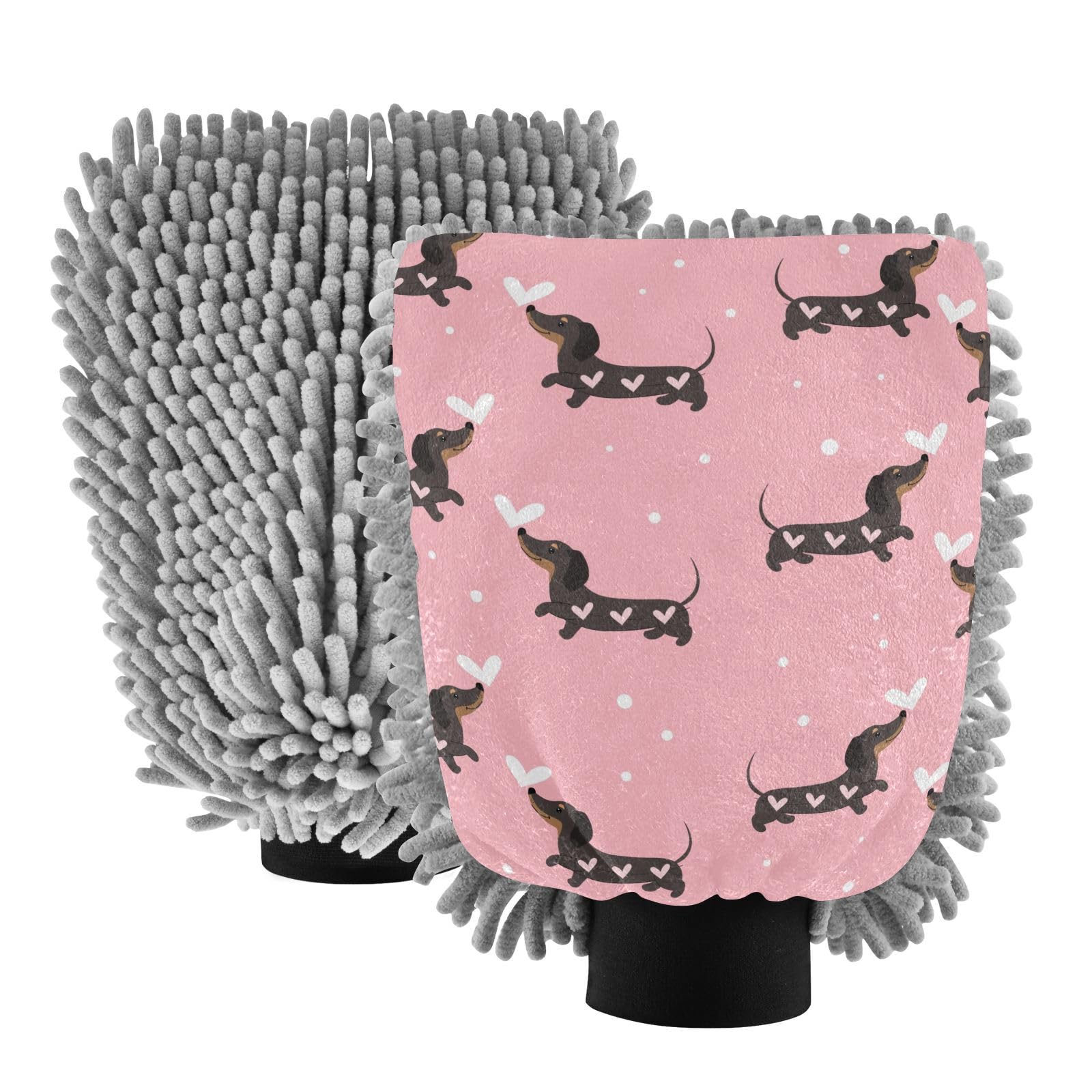 Hezely Dachshund Dogs Pink Car Wash Mitt, 2PK Scratch Free Lint-Free for Car Washing and Detailing