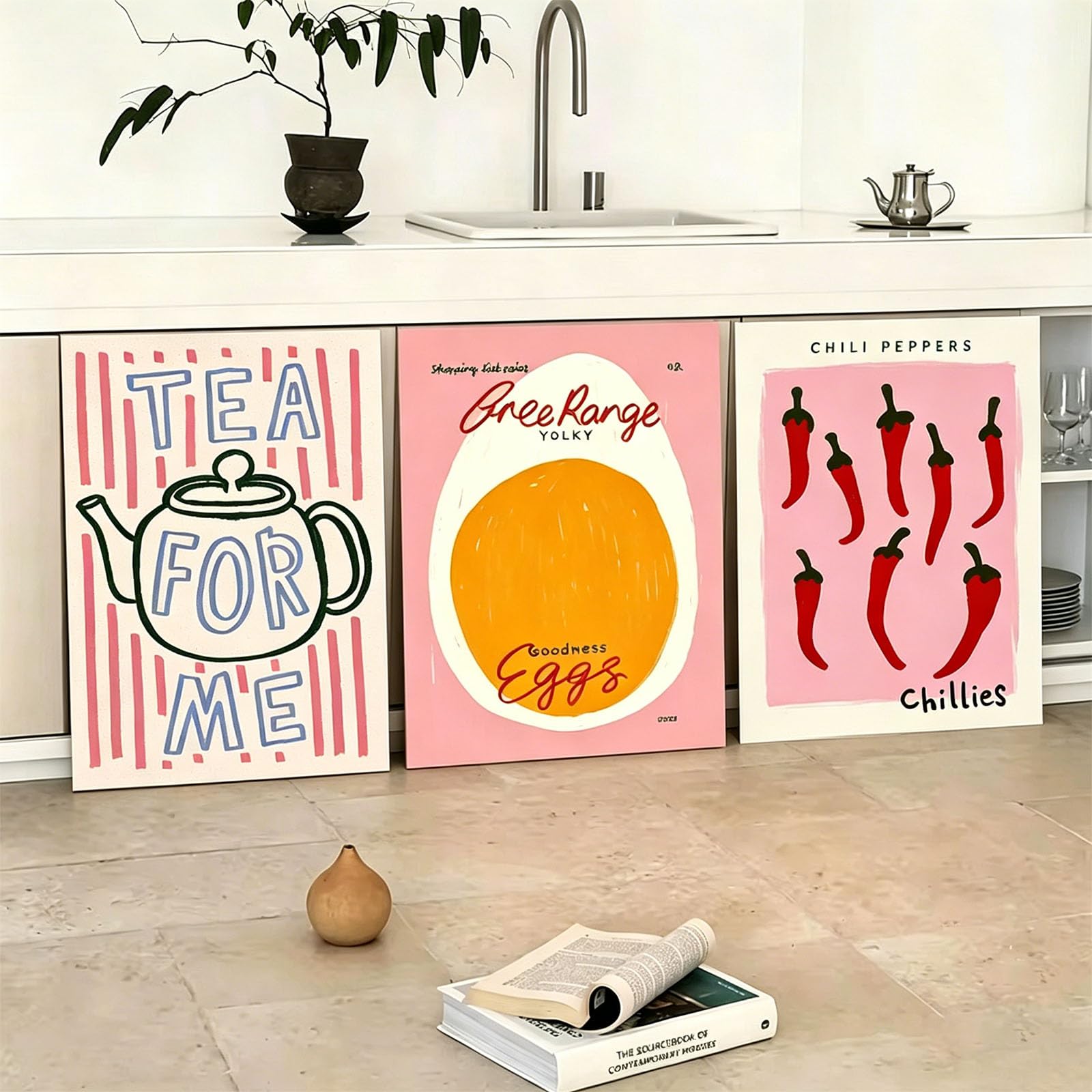 JORCEDI Set of 3 Kitchen Posters, “Let's Eat” Sayings & Chili-Themed Wall Art, Retro Canvas Prints, Stylish Wall Decor for the Dining Room, Unframed (BNP,30x40cm)