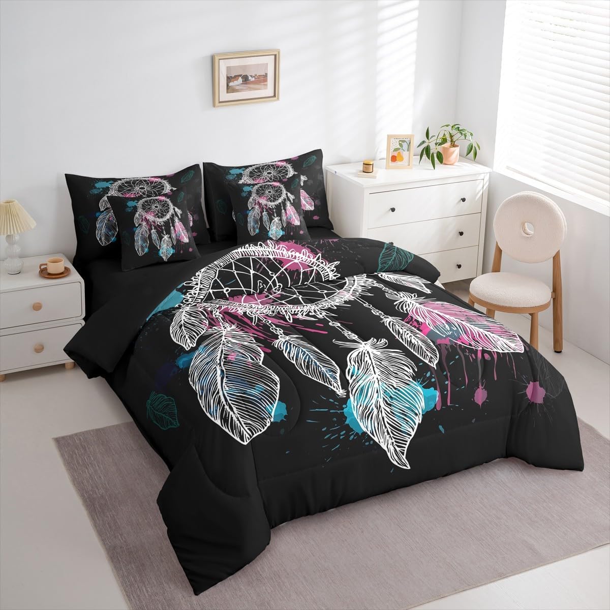 Erosebridal Dream Catcher 7 Piece Bedding Set Full Bohemian Mandala Comforter Set with Sheets Feathers Exotic Indian Style Bed in A Bag Kids Boys Girls Teens Bed Sets