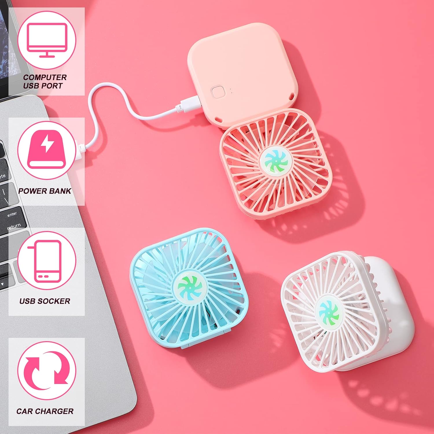 8 Pcs Necklace Fans Bulk, Mini Portable USB Rechargeable Battery 3 Speed Air Circulatory Small Personal Hands Free Cooling Folding Electric Desk Fan for Sports Home Travel Office