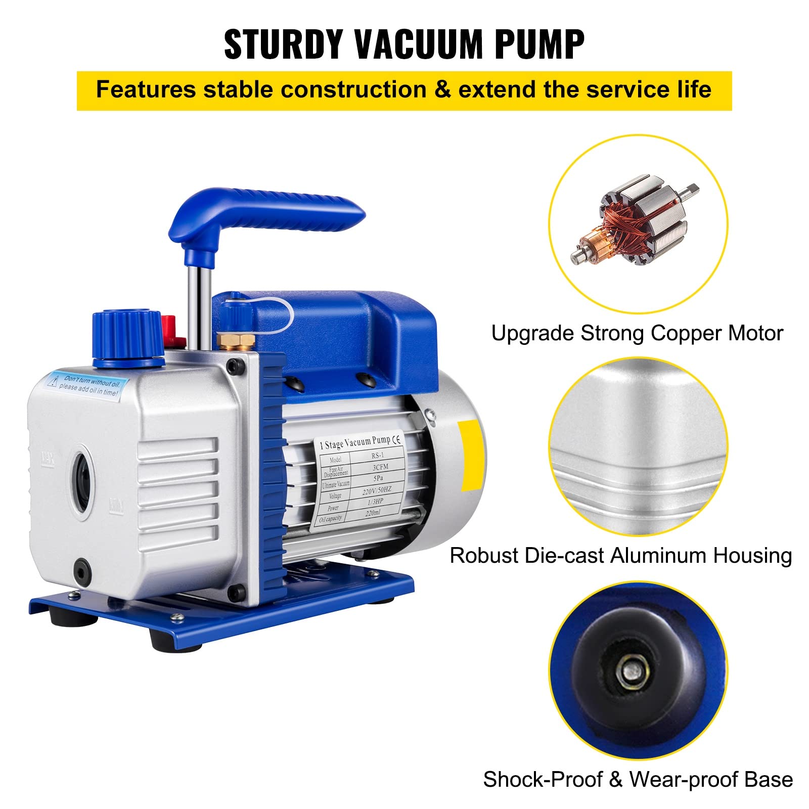 Vakuumkammer Edelstahl vacuum chamber vakuumkammer für epoxidharz (6L), grau & Vakuumpumpe 3 CFM 1/3 HP Unterdruckpumpe 85 L/Min mit Ölabsperrventil