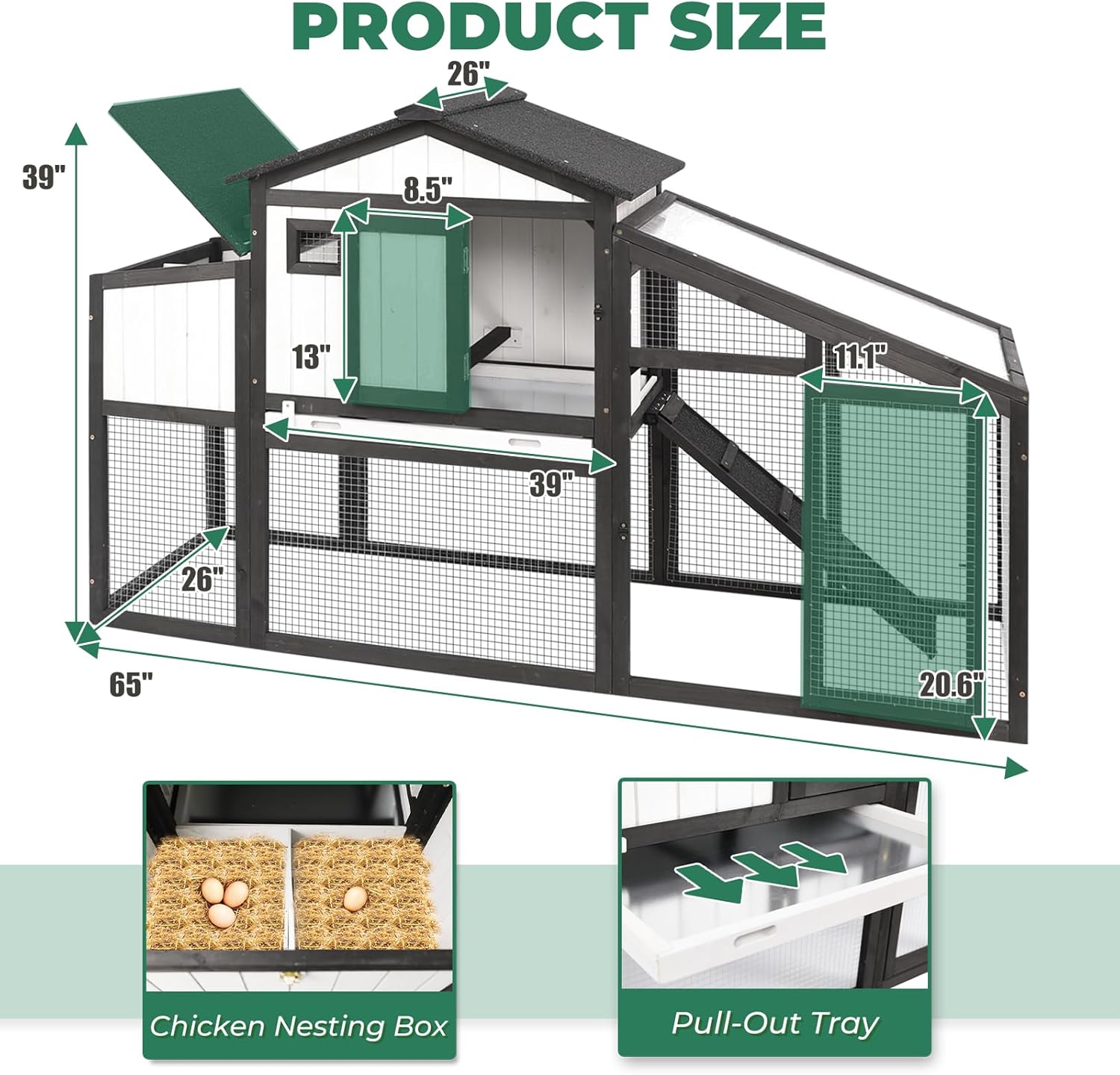 Large Chicken Coop with Run, Wooden Chicken Hen House Quail Coop with 2 Nesting Box, UV-Resistant Roof, Pull Out Tray, Outdoor Poultry Hutch Cage for Chickens Quails