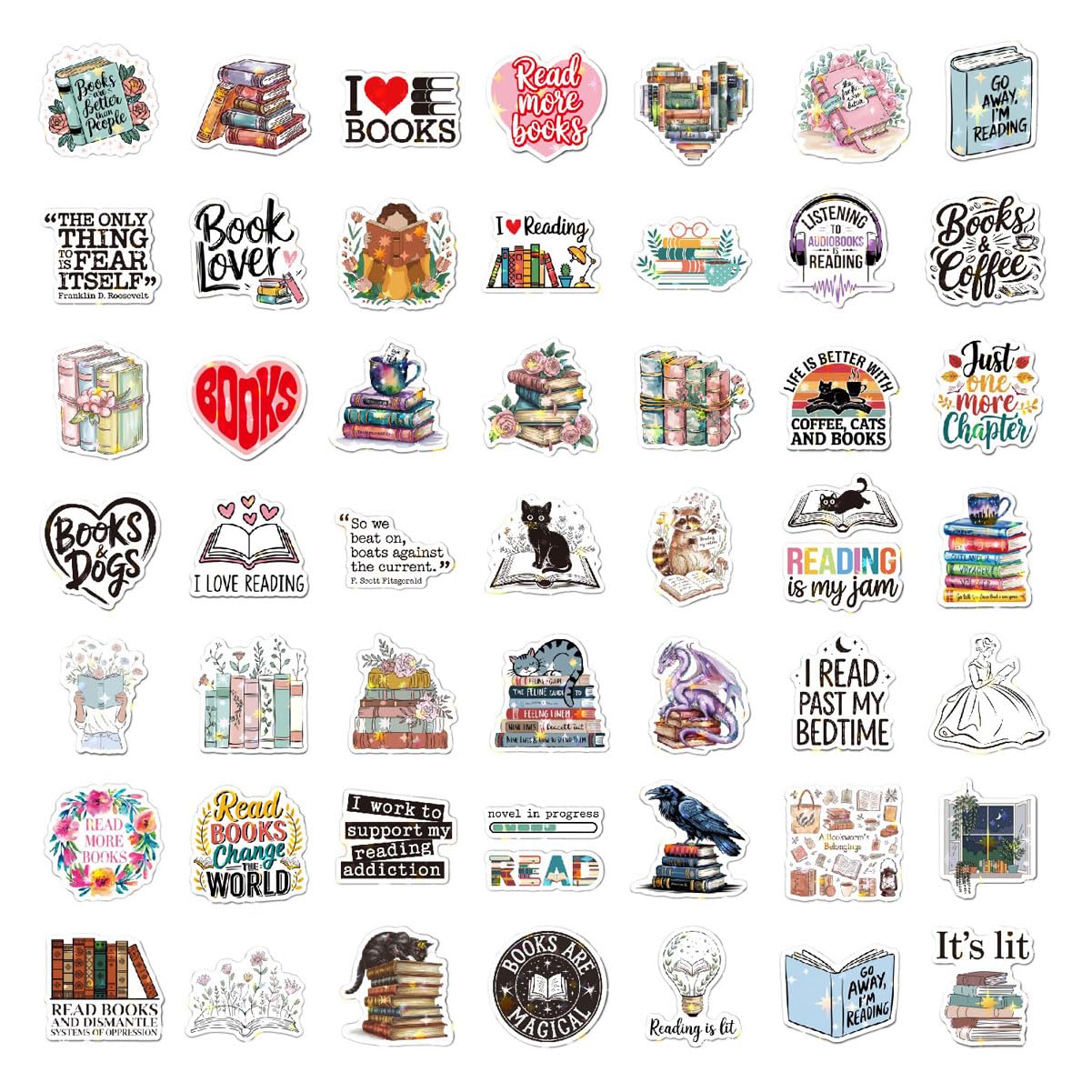 100 PCS Book Stickers, Holographic Bookish Sticker Pack Glitter Vinyl Decals for Water Bottle Luggage, Motorcycle, Skateboard Helmet, Refrigerator,