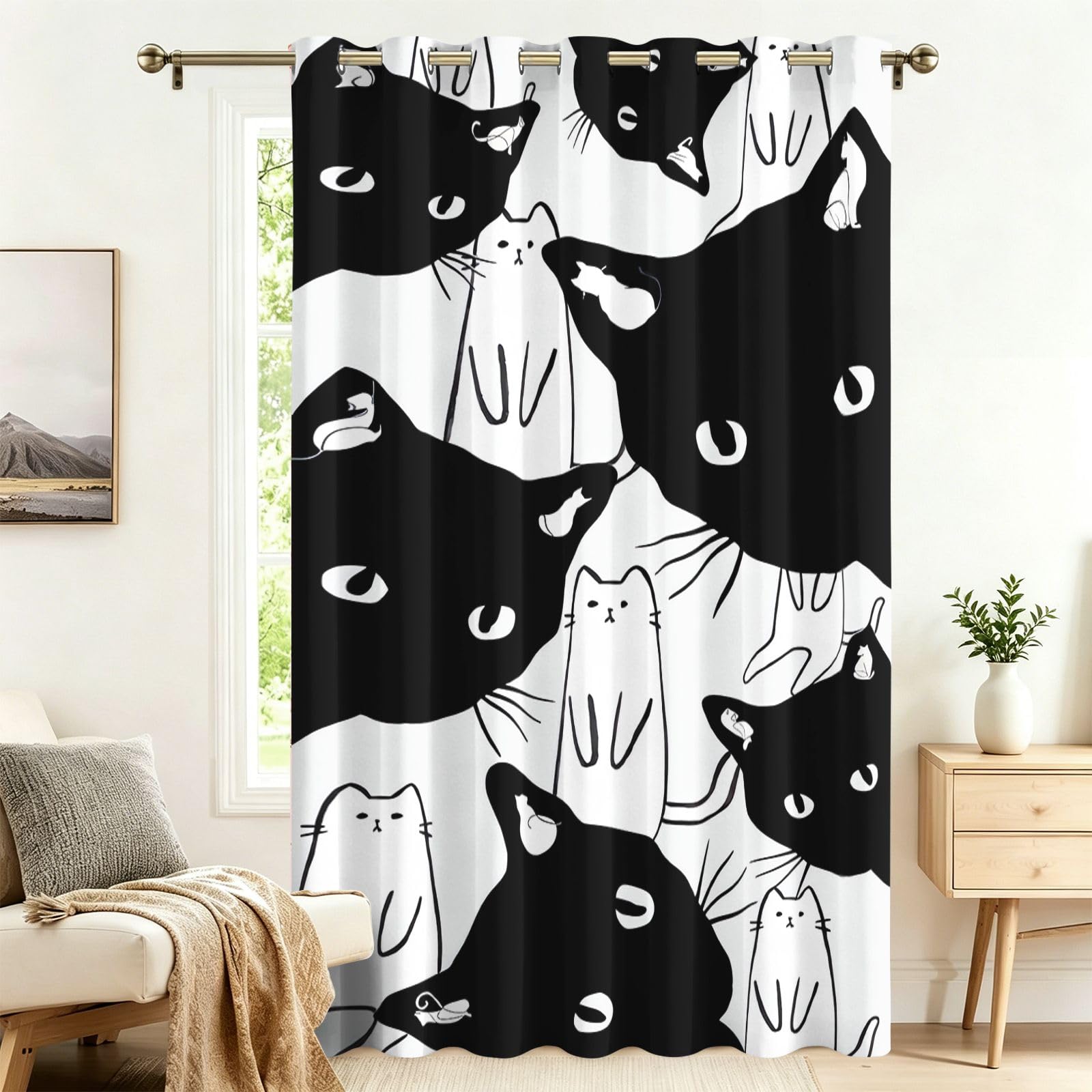 Fadaing Black and White Cartoon Cat Curtains with Eyelets, Thermal Curtain, Heat Protection, 242 x 132 cm, Door Curtains, Thermal Protection, Outdoor, Cold Protection, Bedroom, Living Room, Window