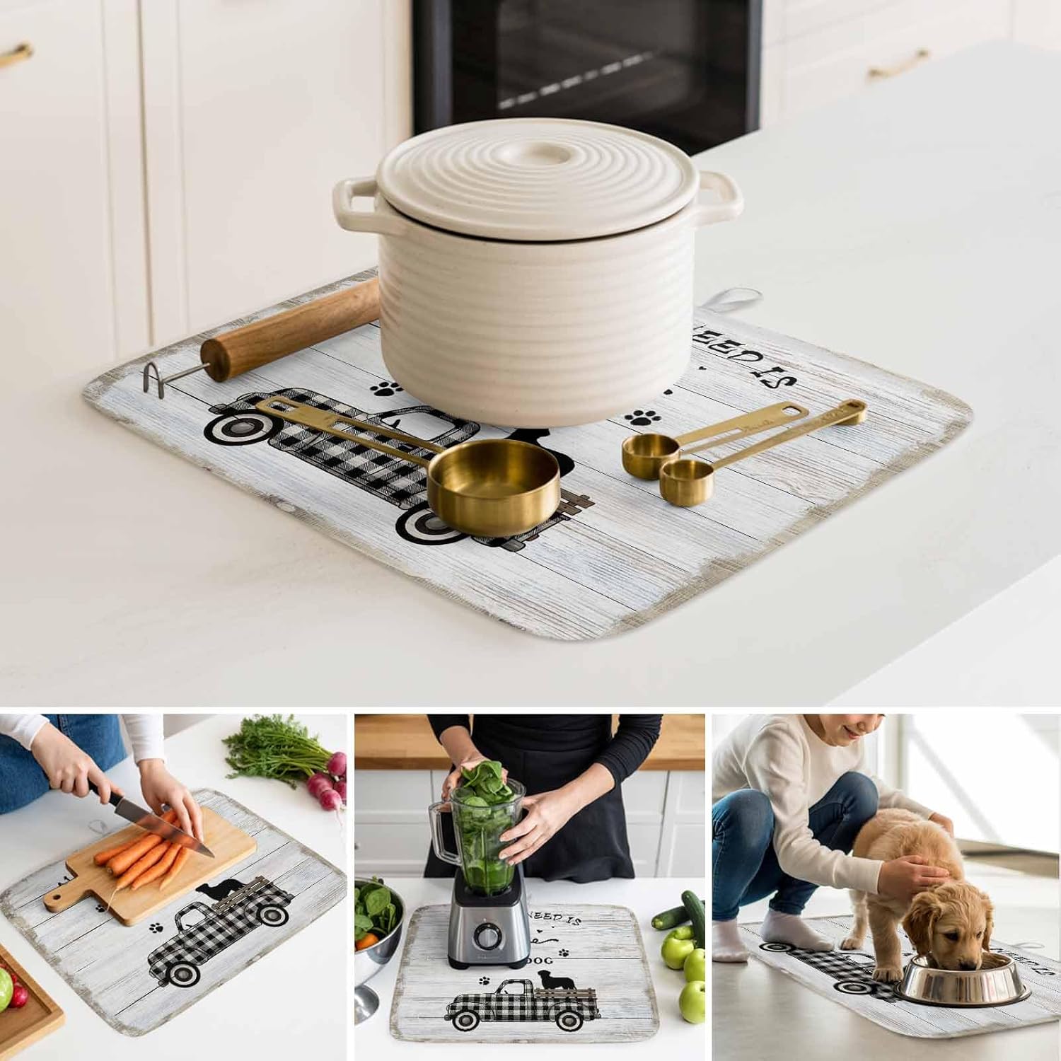 Farmhouse Truck Dish Drying Mat for Kitchen Counter, Microfiber Dishes Drainer Mat Rack Pad, Retro Country Car Dog Wooden Grain Absorbent Dish Bottle Drying Mats, 18"x24", 2 Pack